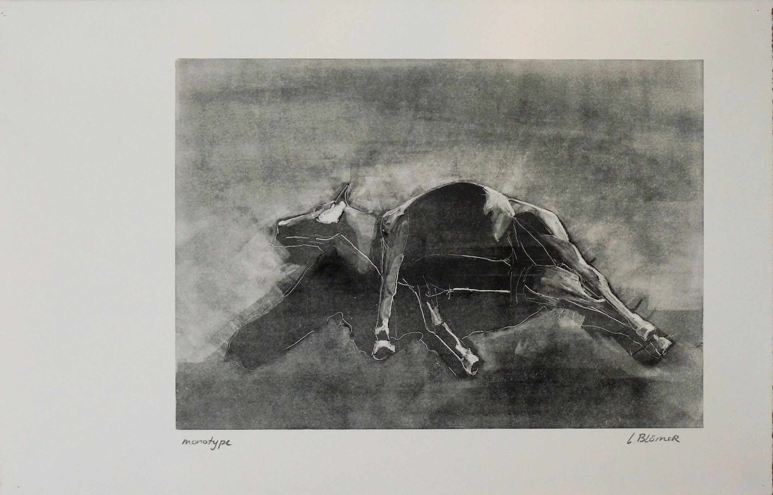 Laura Blömer · Her Majesty’s Servants IV, monotype (olieverf), 28,5 × 44 cm incl. witrand, €295
