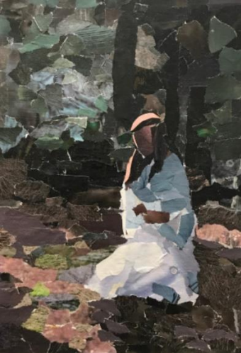 Maartje Bezemer · Forest fairy whispers, collage, 25,8 × 18 cm, €280 (met lijst) / €260 (zonder lijst)
