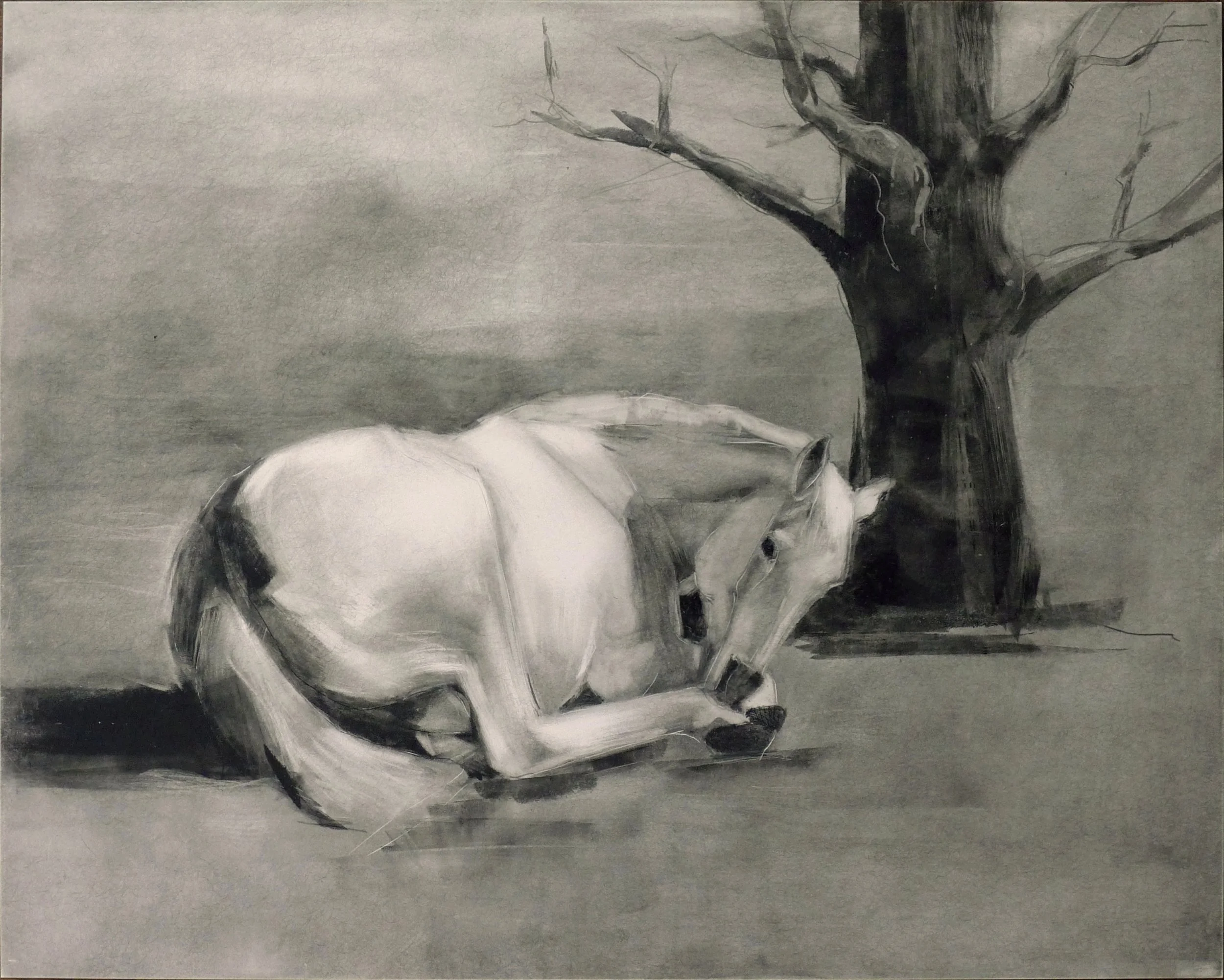 Laura Blömer · White Horses I, olieverf / drukmedium op clayboard, 24 × 30 cm, €450