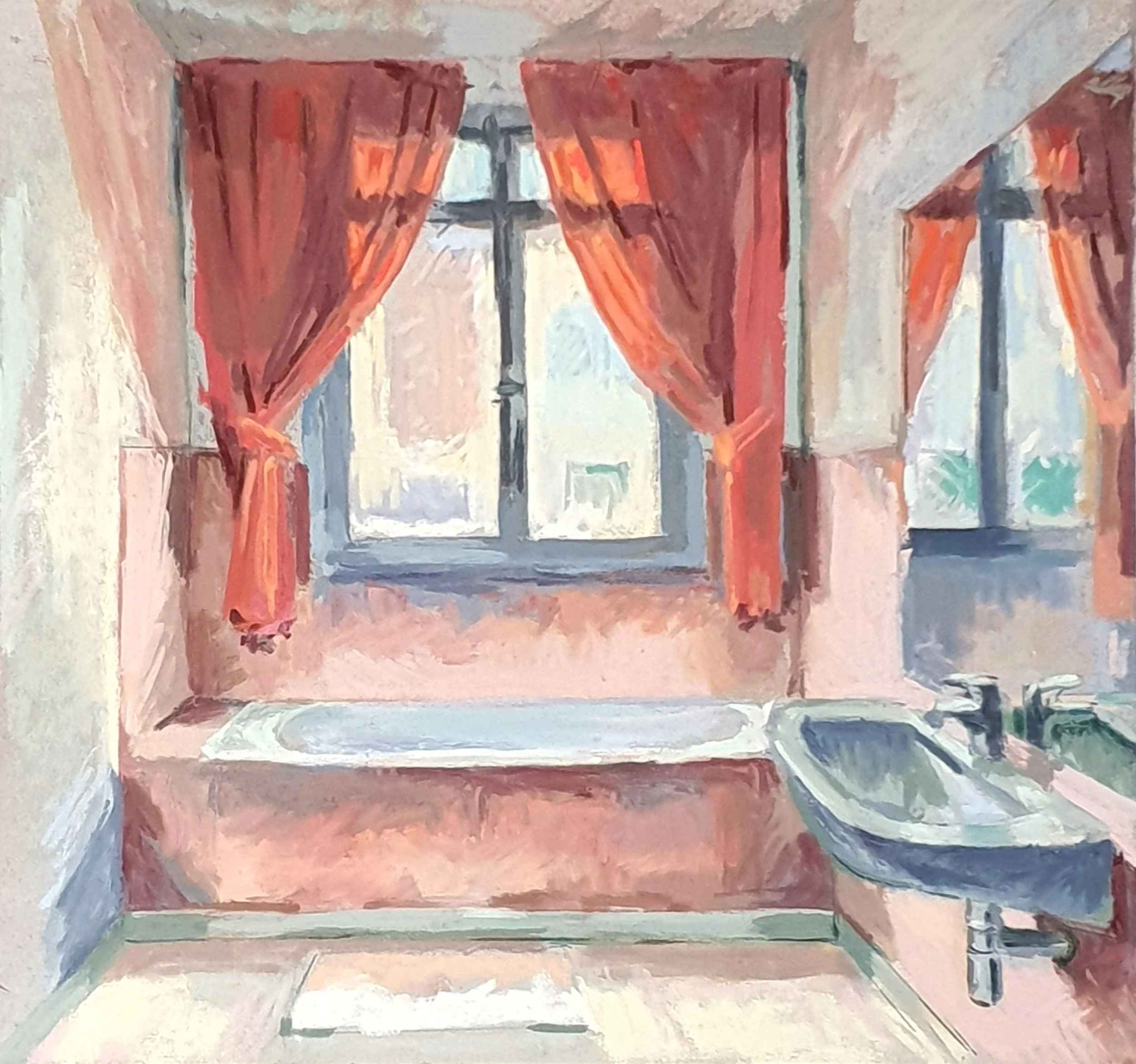 Laura Blömer · House of Dieppe II – The Pink Bathroom, pastel, 25 × 26,5 cm, €495