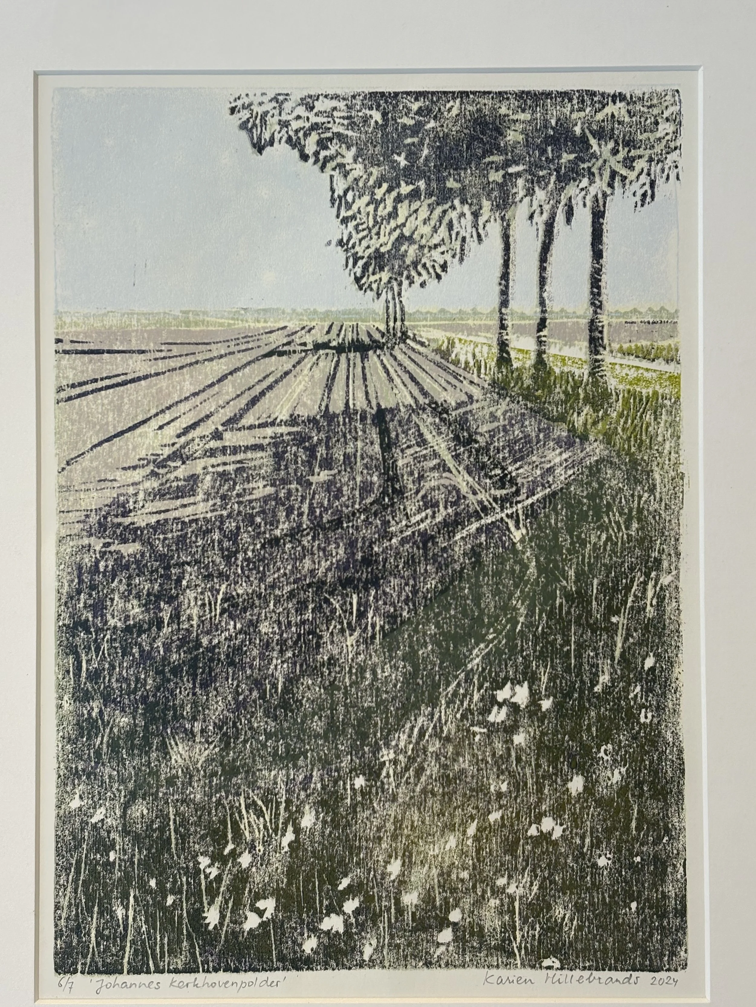 Karien Hillebrands · Johannes Kerkhovenpolder, houtreductie, 41,2 × 32,5 cm, €225