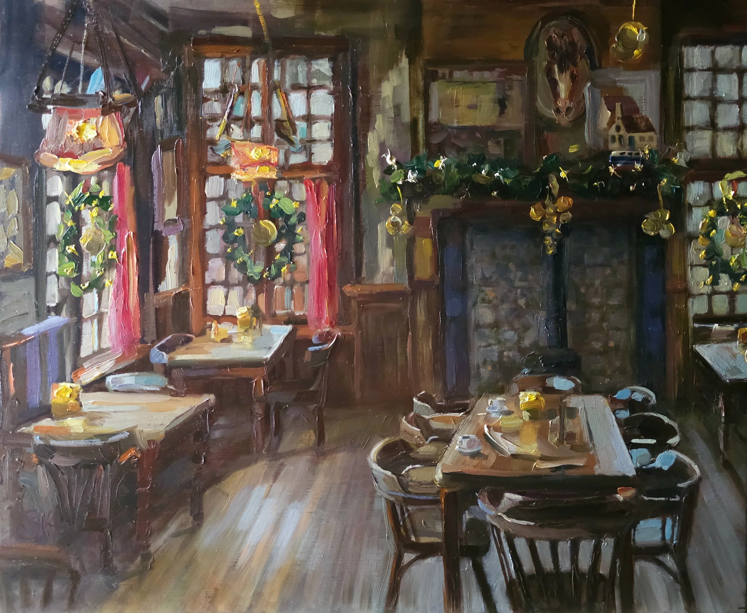 Sacha van Aarde · Het Bonte Paard in kerstsfeer, olieverf op paneel, 38 × 46,5 cm, €695