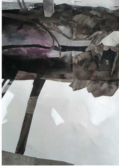 Marloes Bomers · The view from the house up close II, acryl/inkt op papier (collage op papier), 42 × 30 cm, €913 (met lijst) / 784 (zonder lijst)
