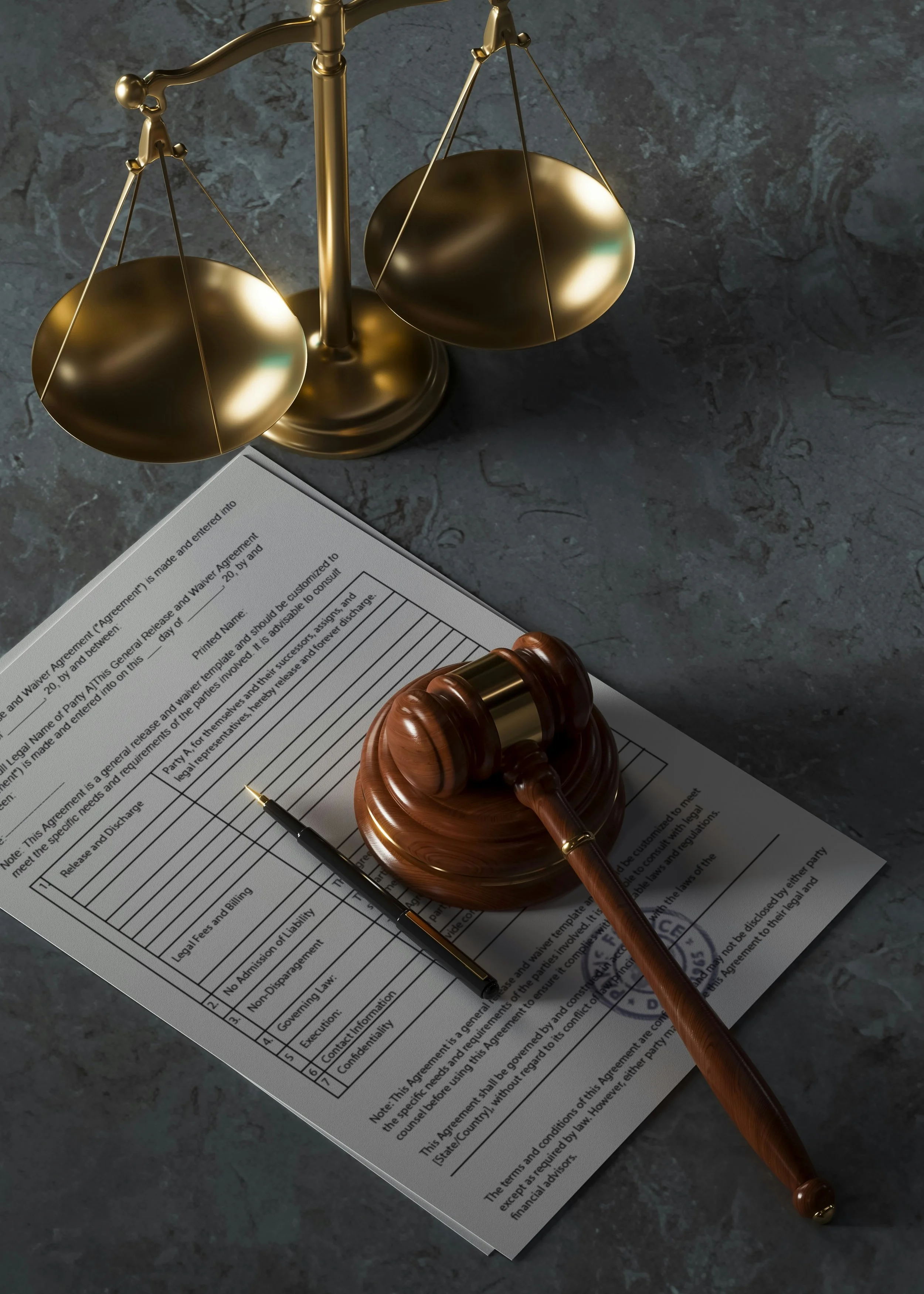 Una balanza dorada, un mazo de juez de madera, un bolÃgrafo negro y un documento legal sobre una mesa de superficie gris.