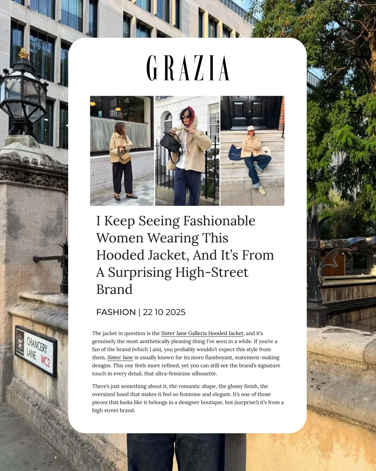 Every collection has a hero piece, and this season it was @dreamsisterjane&rsquo;s Galleria jacket 💫

Placed on influencers, featured in Grazia.

We love seeing our VIP and PR teams working hand in hand 👏