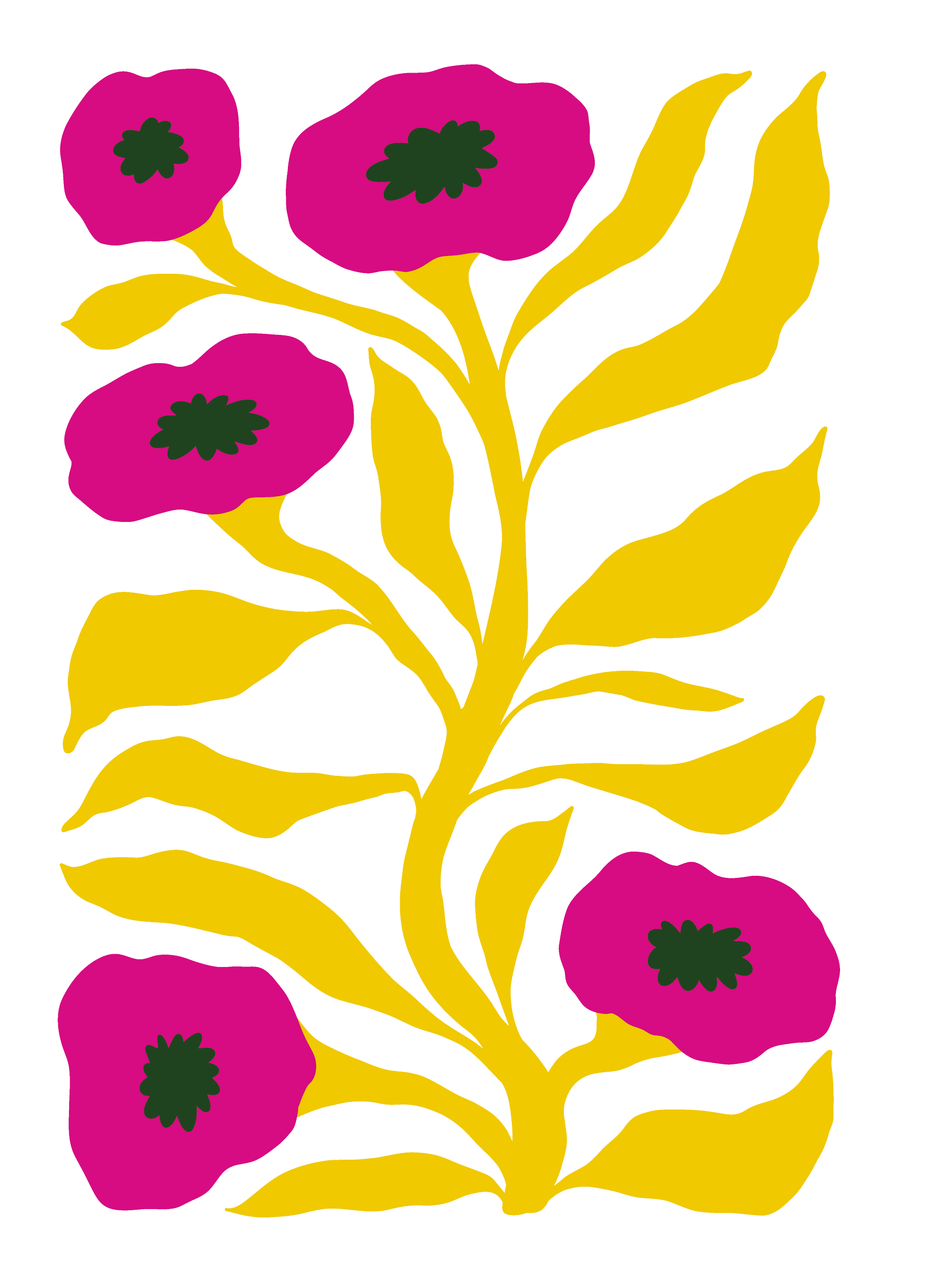 A digital illustration of a flower with pink petals, dark green center, yellow stem, and yellow leaves set against a black background.