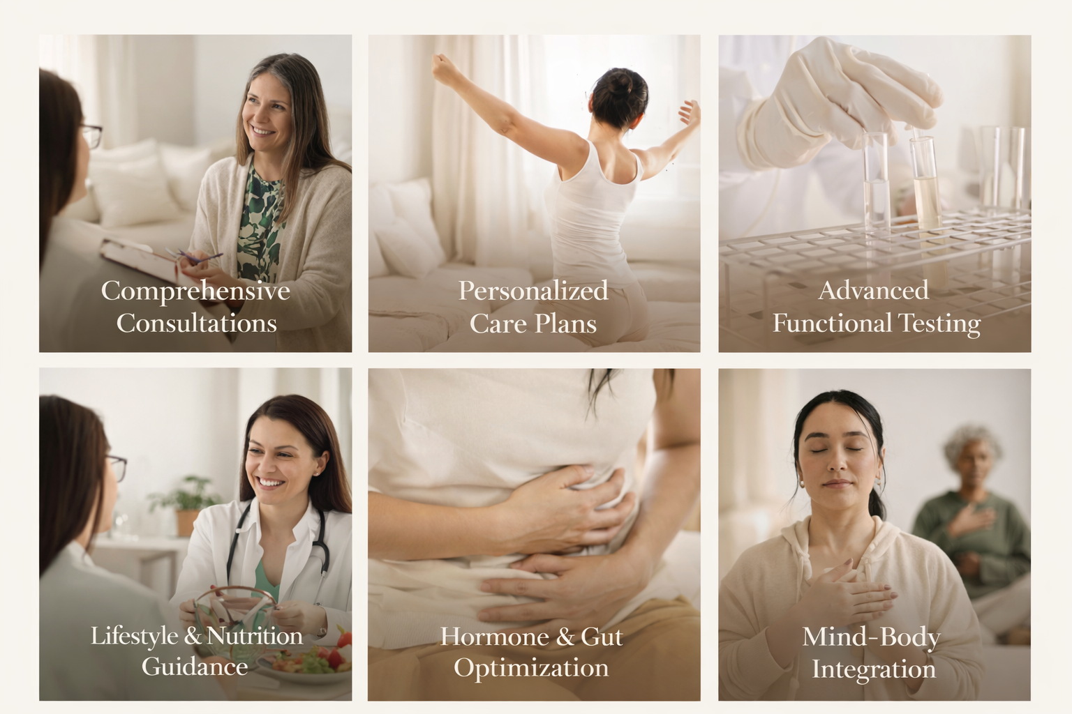 A wellness service brochure featuring six images with descriptive text. The first image shows a smiling woman during a consultation, labeled 'Comprehensive Consultations.' The second image depicts a woman stretching on a bed, labeled 'Personalized Ca