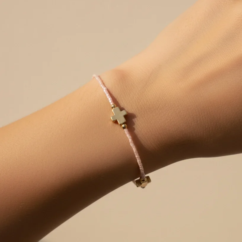 Faithful Beaded Cross Bangle w/ Matte Gold Crosses