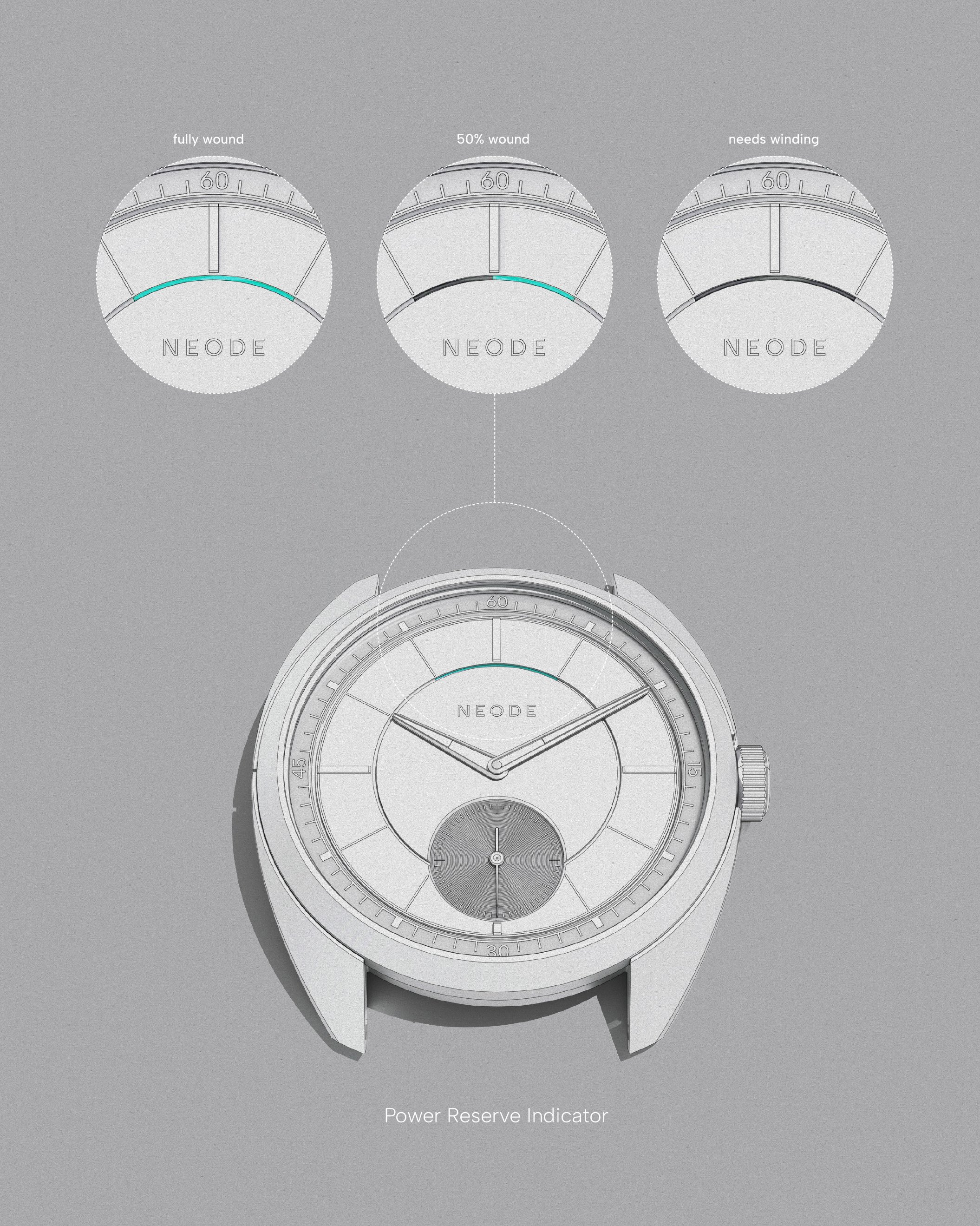 A close-up of the N01 watch face displaying the power reserve indicator, with a gray background.