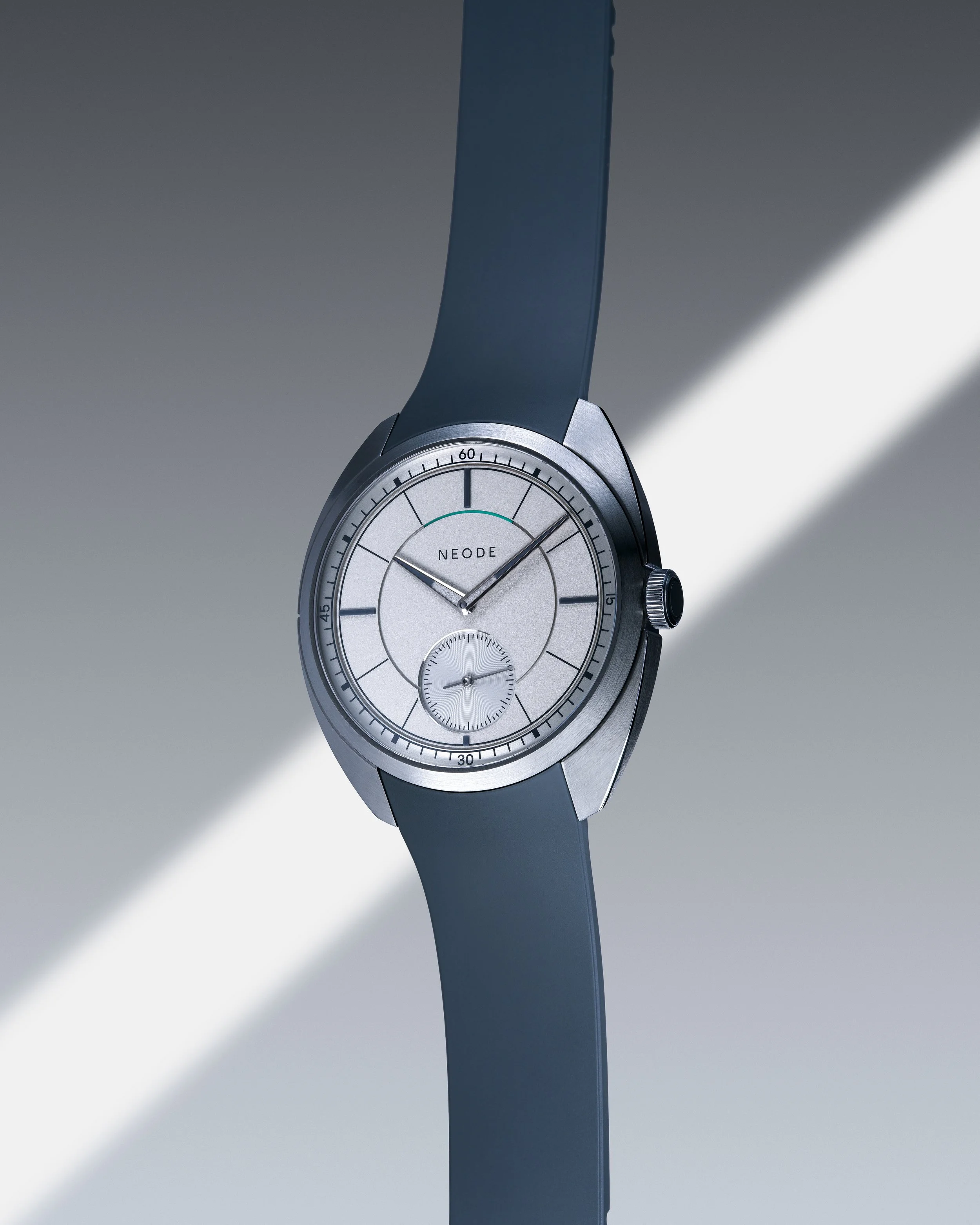 Neode N01 First Edition Pure Silver watch front view on dark background