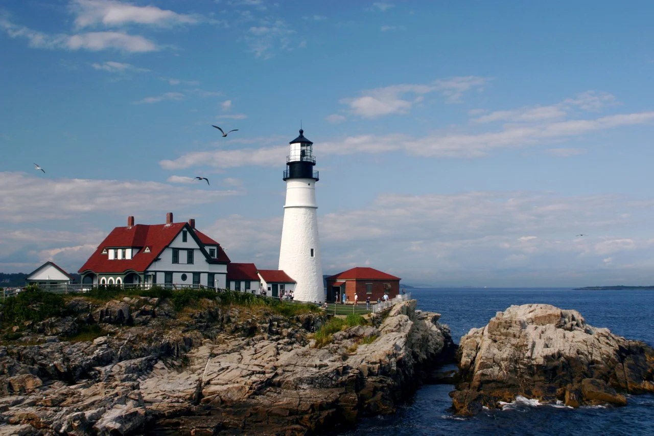 Lighthouse on rocky coastline with a white house nearby, birds flying in the sky, and ocean in the background.