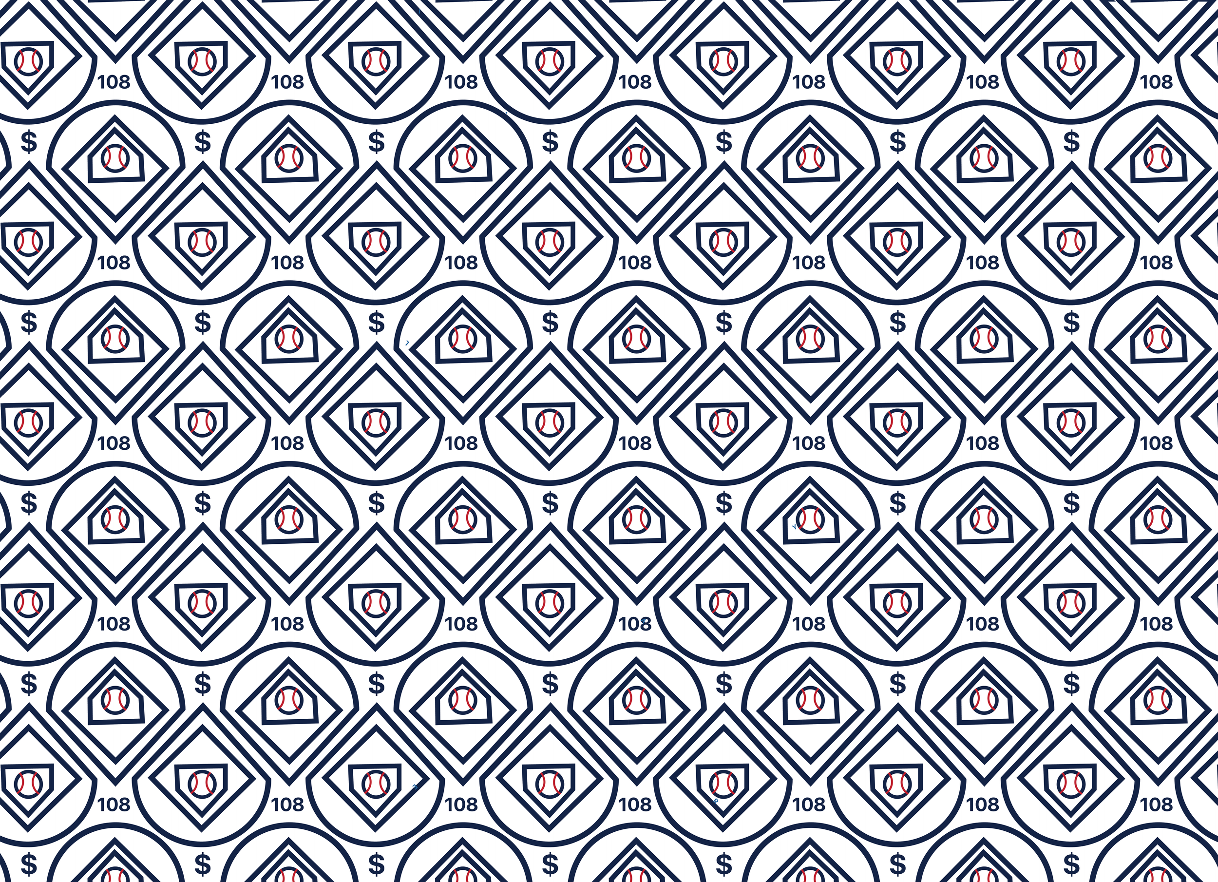Pattern featuring baseballs, dollar signs, and geometric shapes in navy blue, red, and white, with the number 108 repeated throughout.