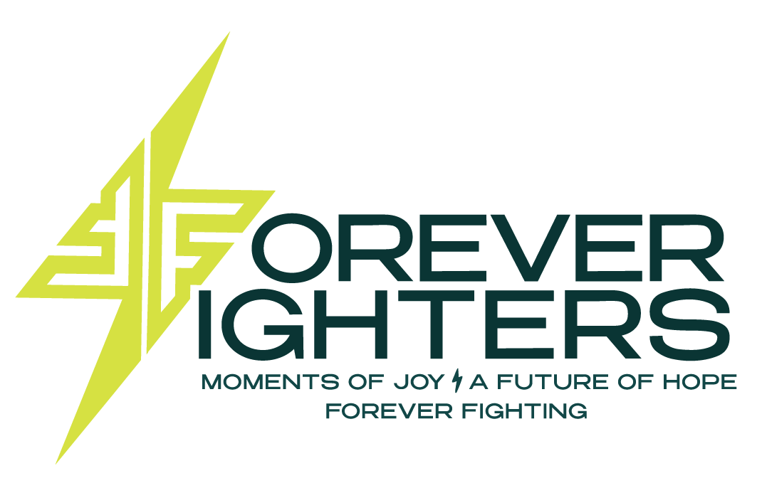 Logo with a yellow lightning bolt and the words "Forever Fighters" in black and teal, along with the tagline "Moments of joy, a future of hope, forever fighting."