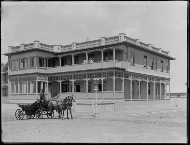 The New Brighton Cafe in 1910. The striking two-storey establishment stands proudly overlooking the ocean on Marine Parade near the Pier setting the scene for a high standard of holidaying. 