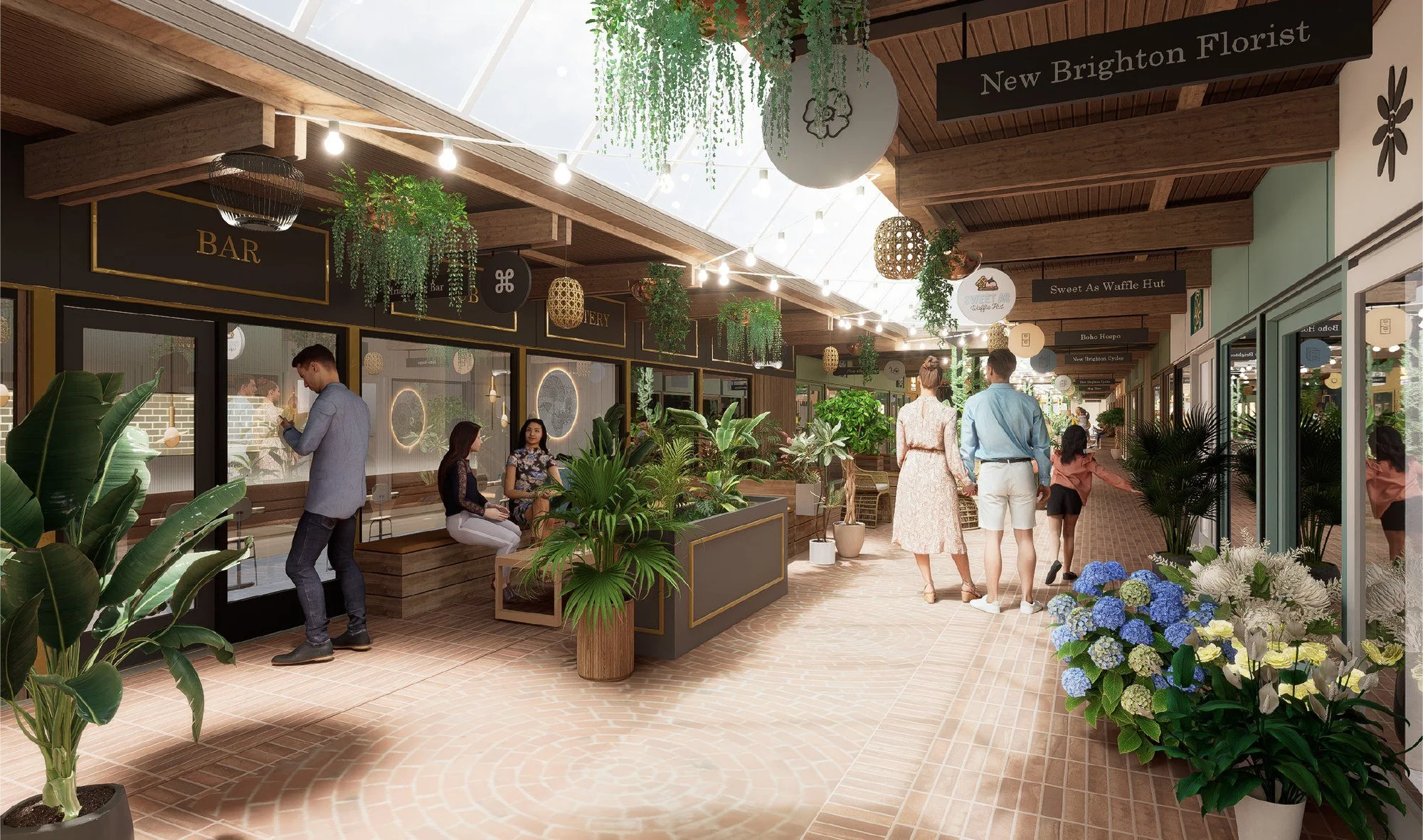 Artist's render of the Surfside Mall retail laneway at Pierside, New Brighton – skylit walkway with florist, bar and specialty shops