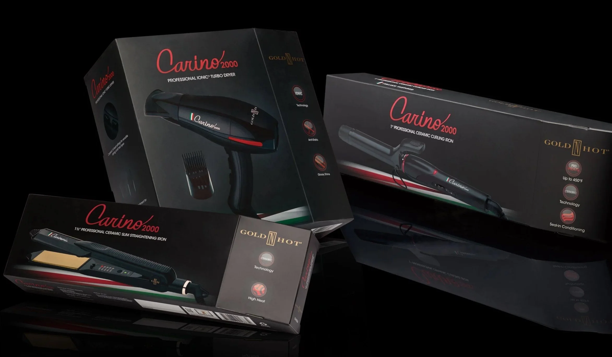 Packaging boxes of Carino 2000 professional hair styling appliances, including a ceramic curling iron, a ceramic flat iron, and a hair dryer, all from Gold N Hot.