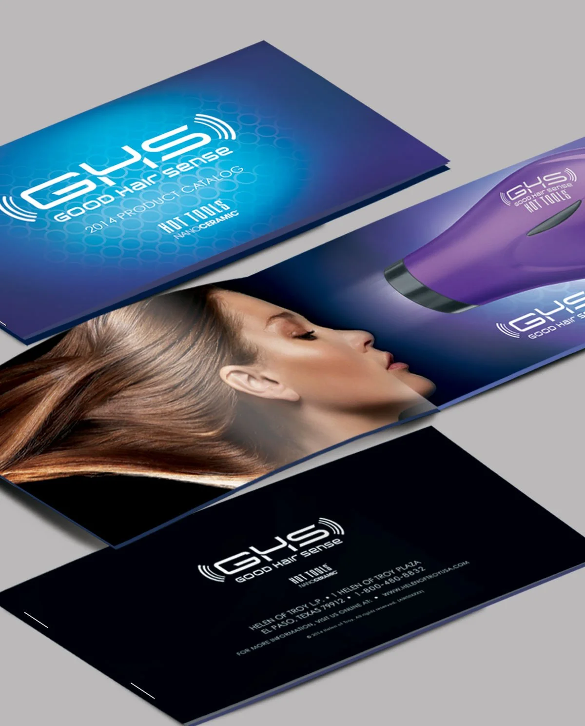 Brochures and business cards for GHS Good Hair Sense, a hair care product, featuring a woman with long brown hair and a GHS hair dryer.