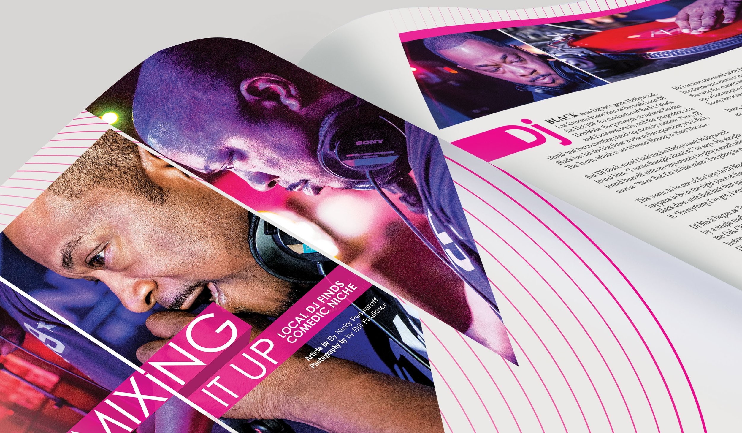 Las Cruces Magazine close up of DJ Black with line work incorporated with fuchsia and typography in the publication.
