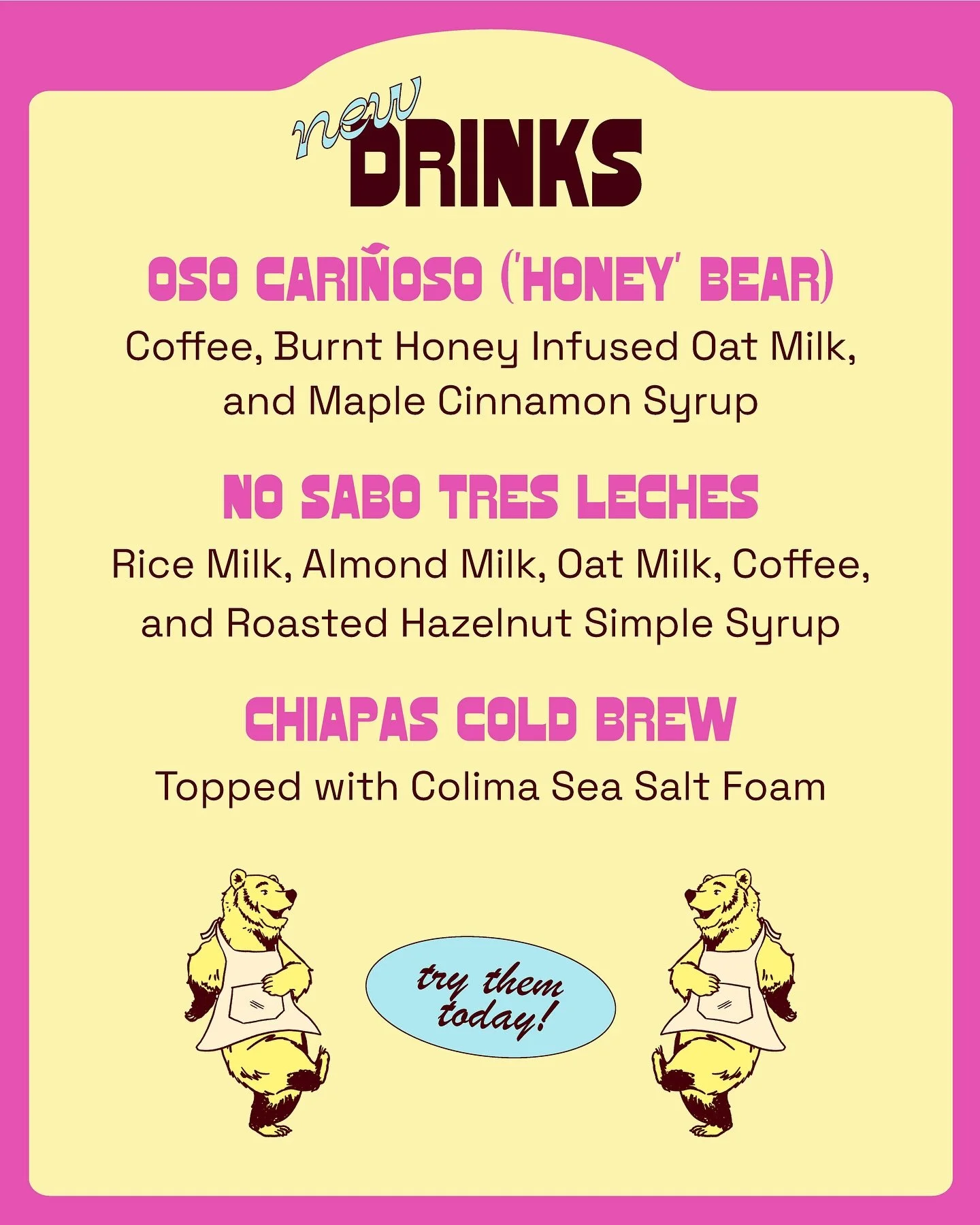 We&rsquo;ve been getting some requests for less sweet drink options, so we think you&rsquo;ll enjoy our 3 newest coffees! 🩷

#nosaboconcheria #drunkentortilla #hstreeteatery #bakery #concheria #conchas #breakfast #familybusiness #familybakery #hispa