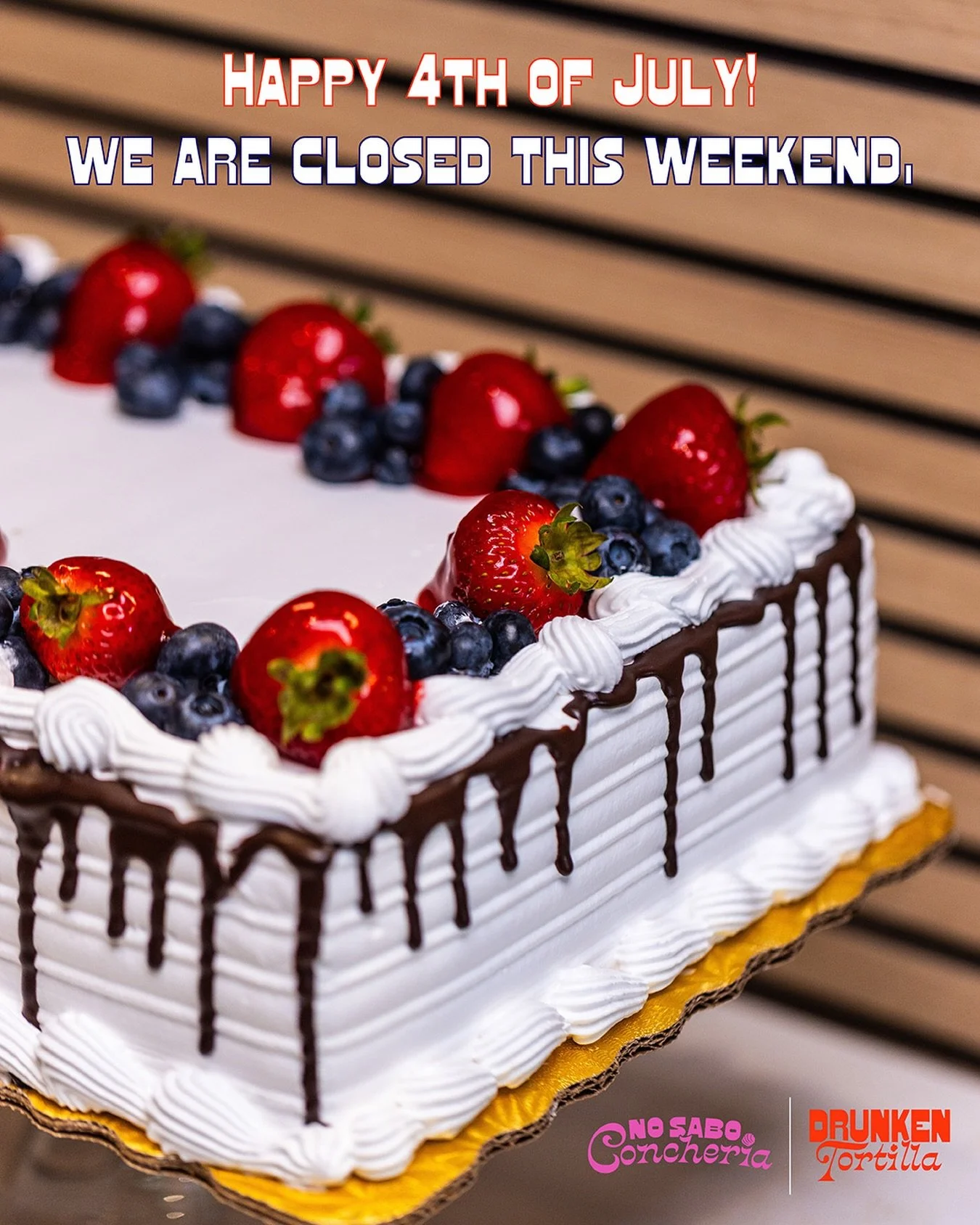 Happy 4th of July! We are closed this weekend, July 4-5 🇺🇸🎆

#nosaboconcheria #drunkentortilla #happy4thofjuly #4thofjulyhours #customcakes