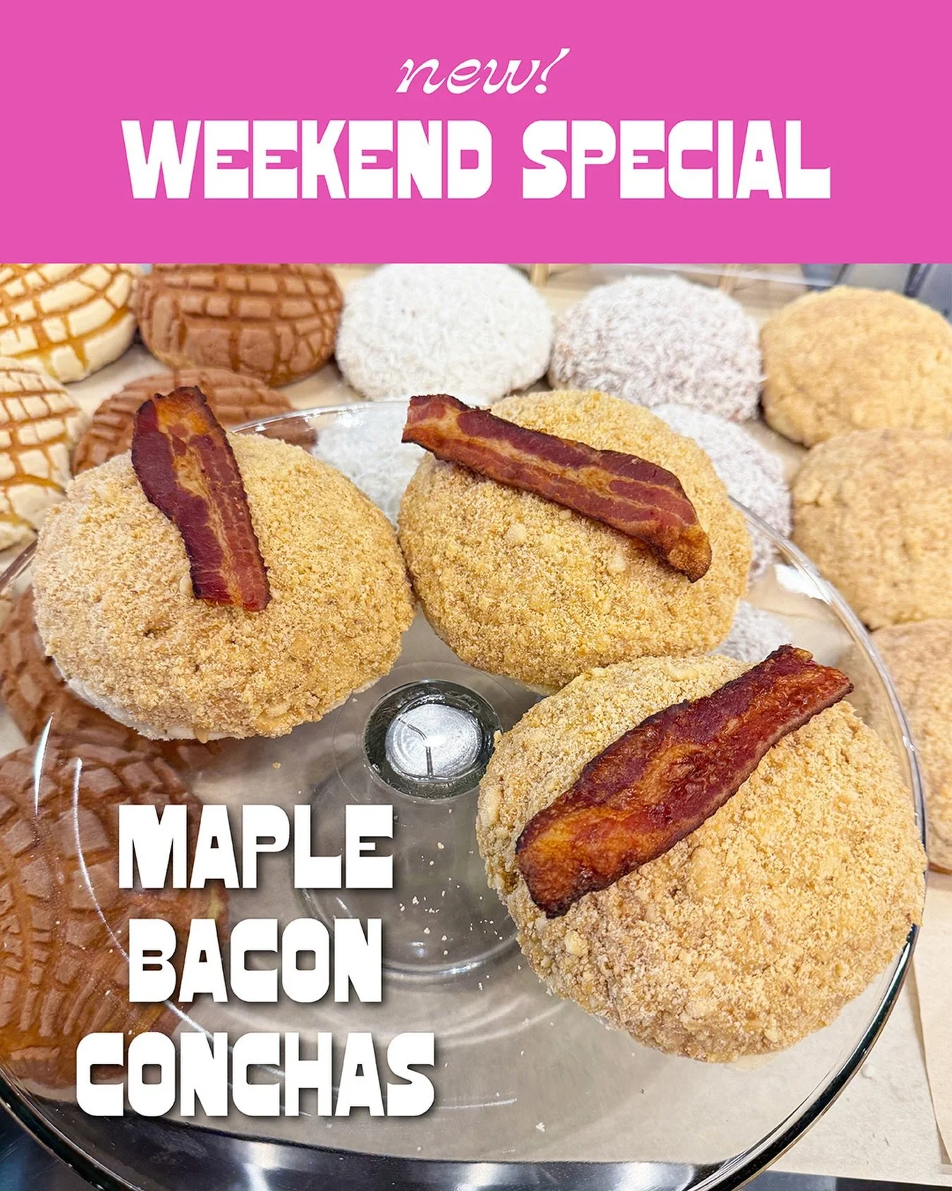 The ultimate sweet and savory crossover 🤤 Meet our new weekend special: Maple Bacon Conchas 🥓 available on Saturdays and Sundays until sold out!

#nosaboconcheria #weekendspecial #maplebacon #conchas #pandulce