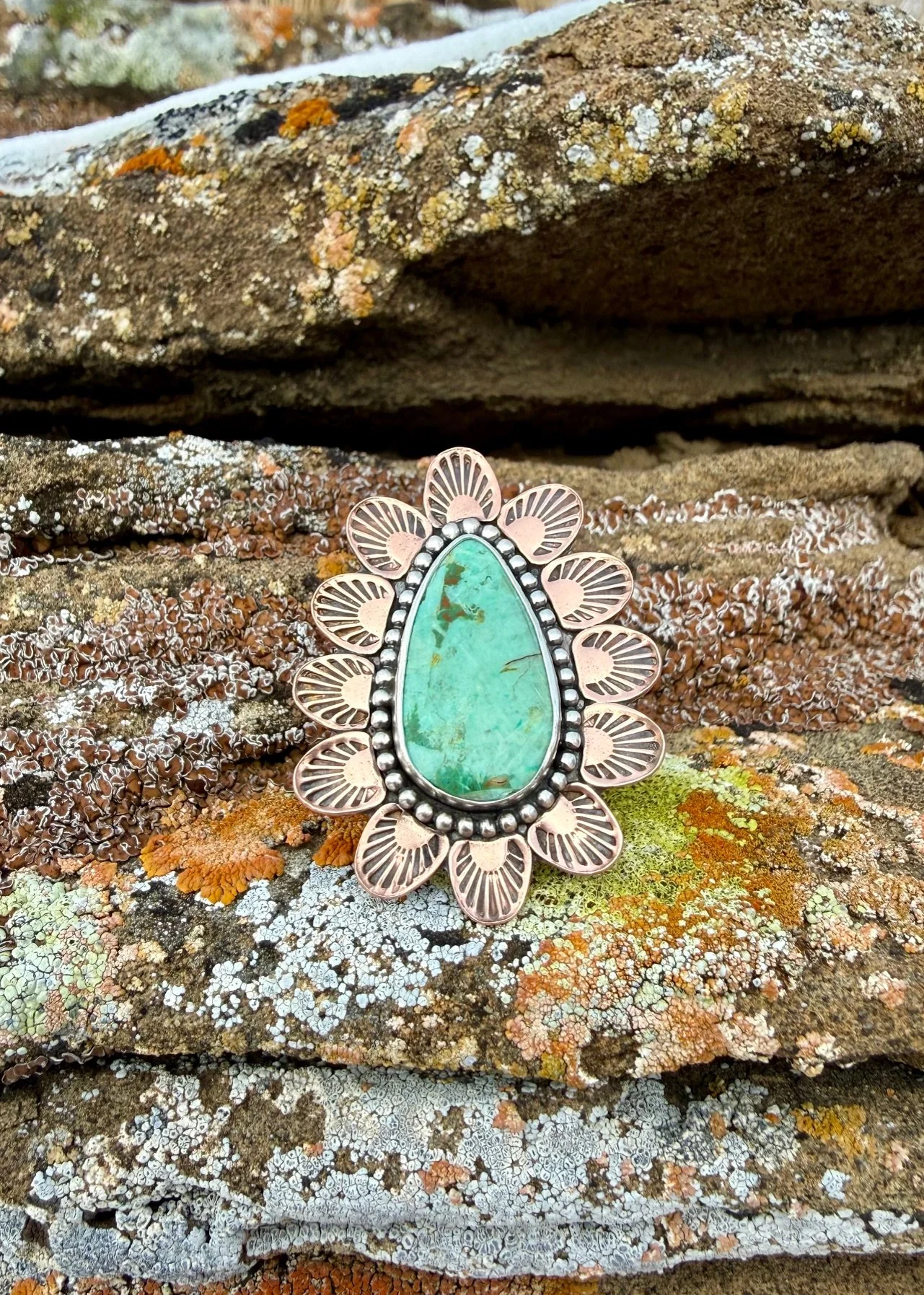 Peruvian Turquoise Ring with Copper border