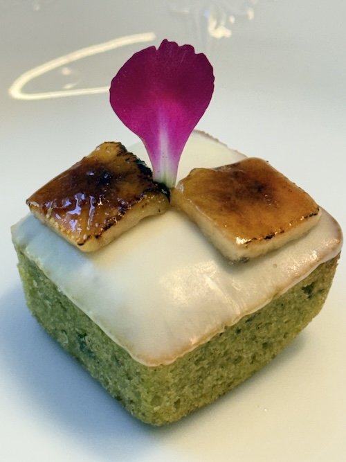 Custom gluten free pistachio financier with bruleed bananas