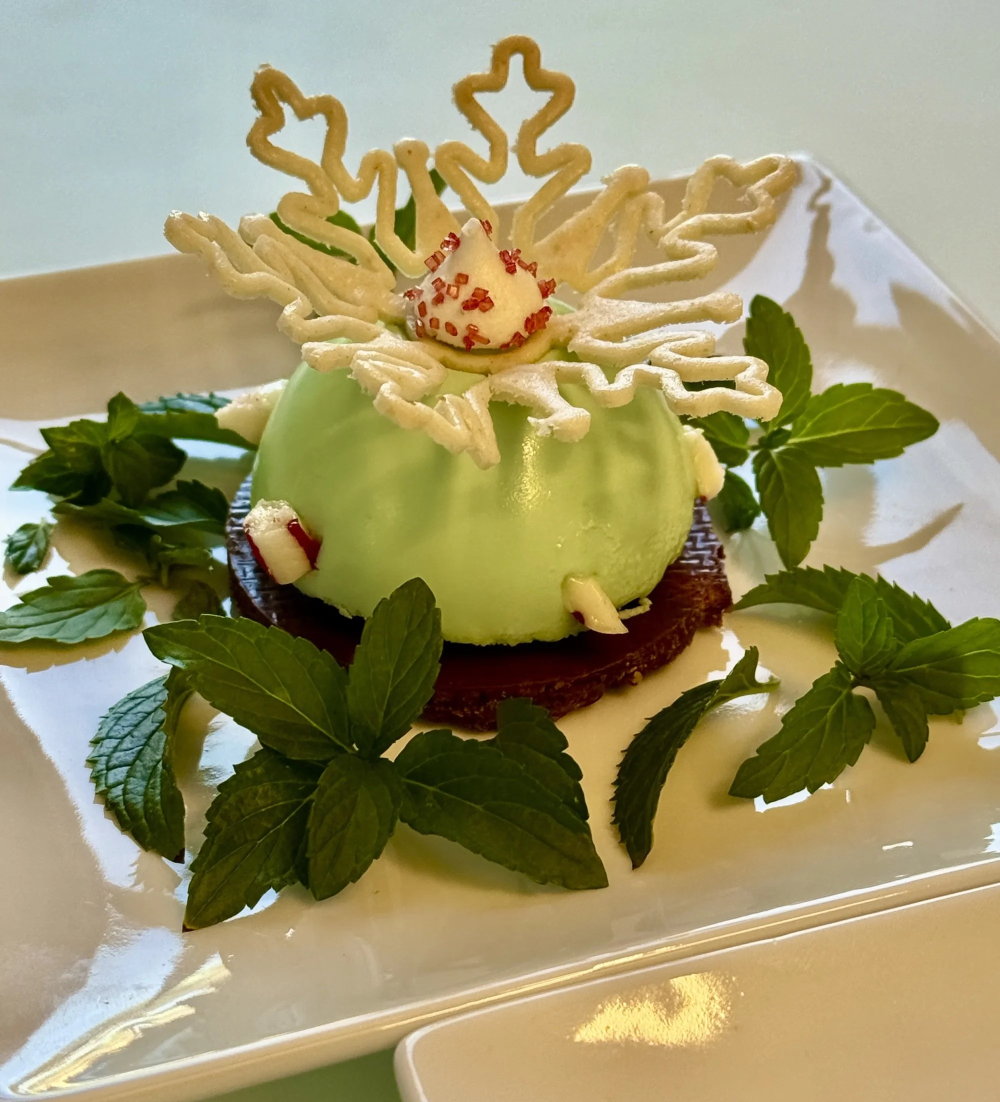 Peppermint chocolate showflake dome for Afternoon Tea.JPG