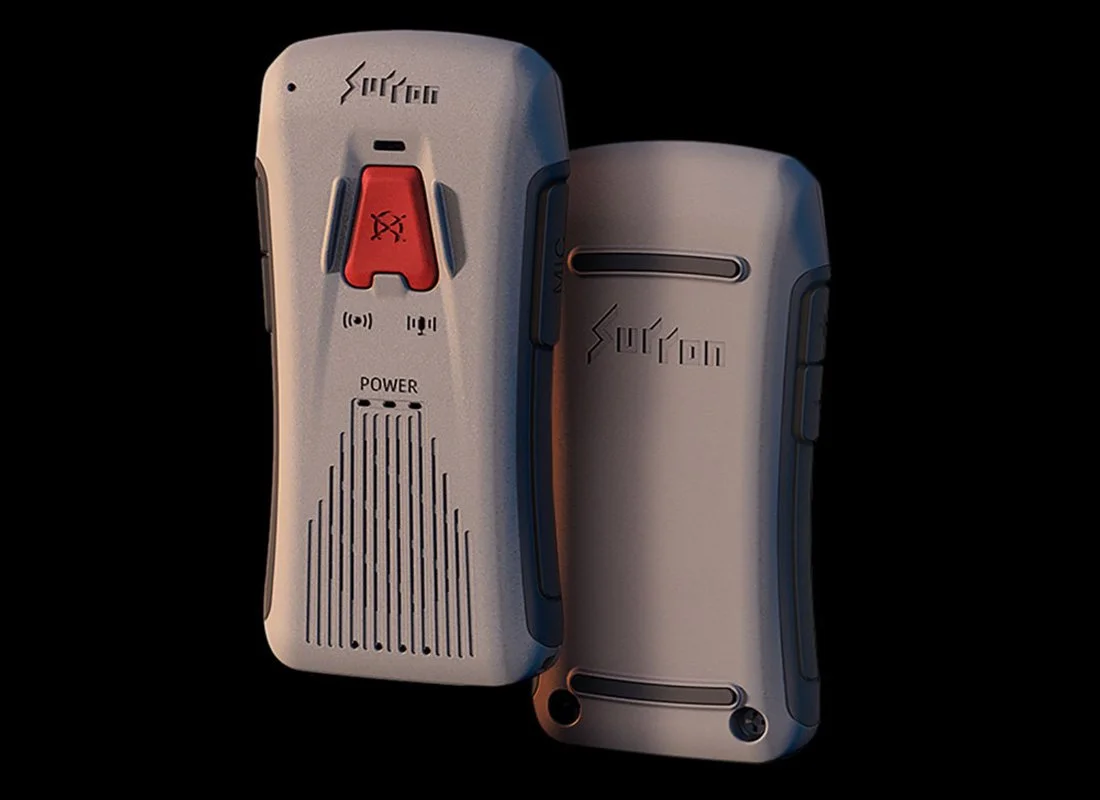 Two Sigma brand handheld electronic devices, one showing a red warning button and a speaker grille, the other showing the back with mounting holes.