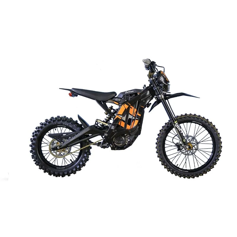 Electric dirt bike with knobby tires, black body, and orange accents. Surron Light Bee.