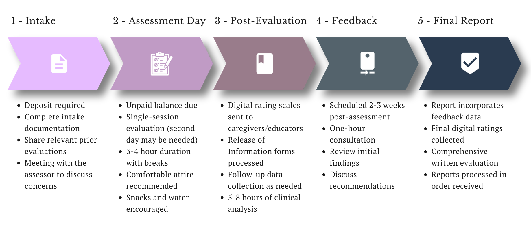 Flowchart of evaluation process with five steps: Intake, Assessment Day, Post-Evaluation, Feedback, Final Report. Each step has detailed bullet points explaining the tasks involved.