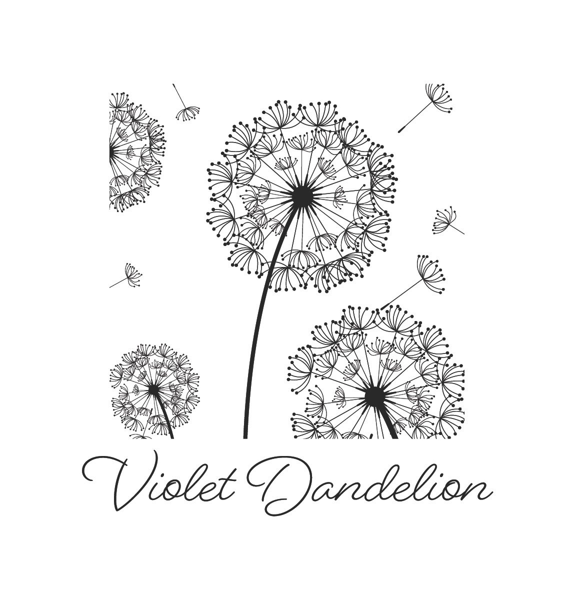 Black and white illustration of multiple violet dandelion seed heads with the words 'Violet Dandelion' written in cursive below.