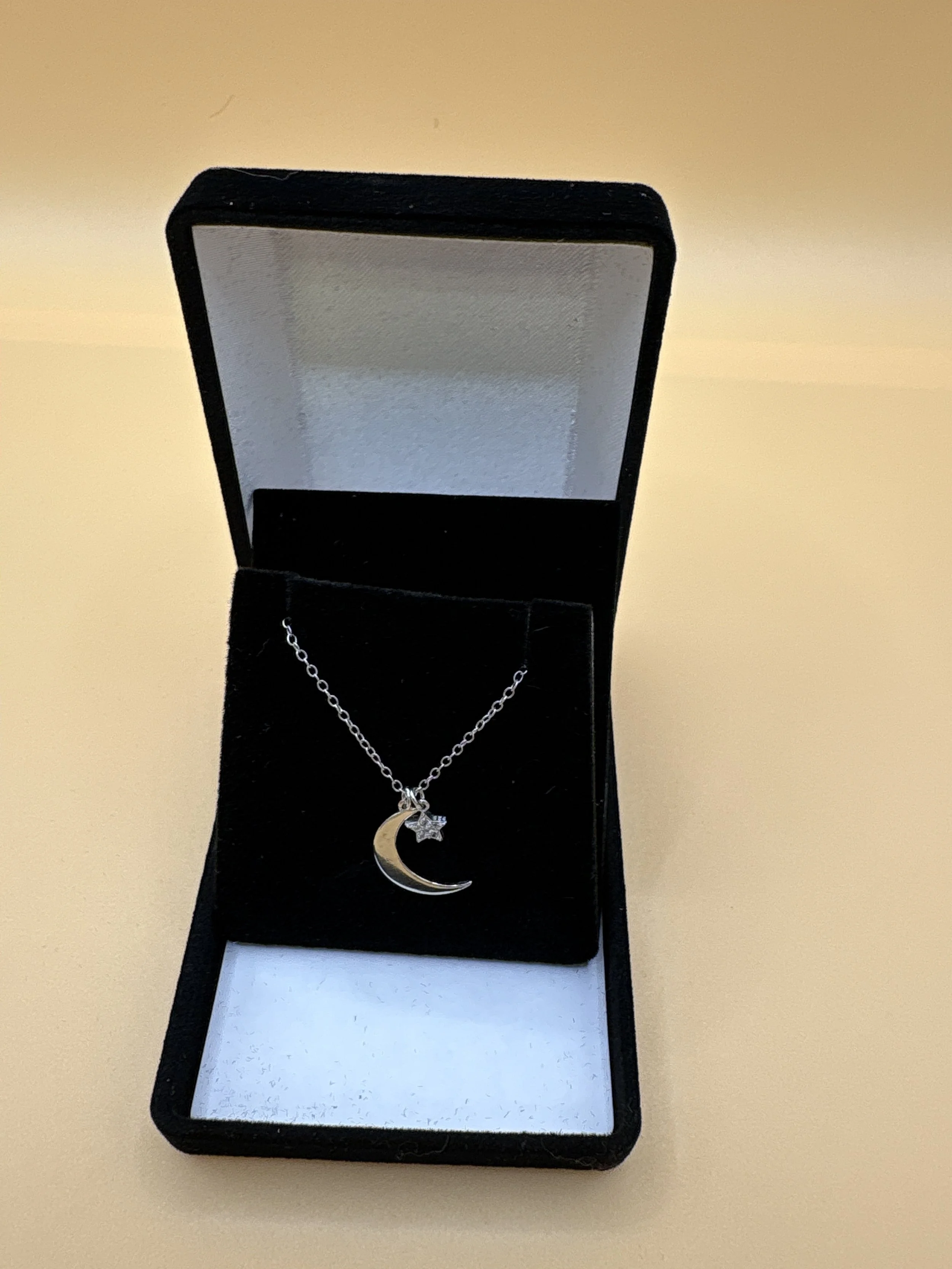 Moon and Star CZ Rhdium Necklace
