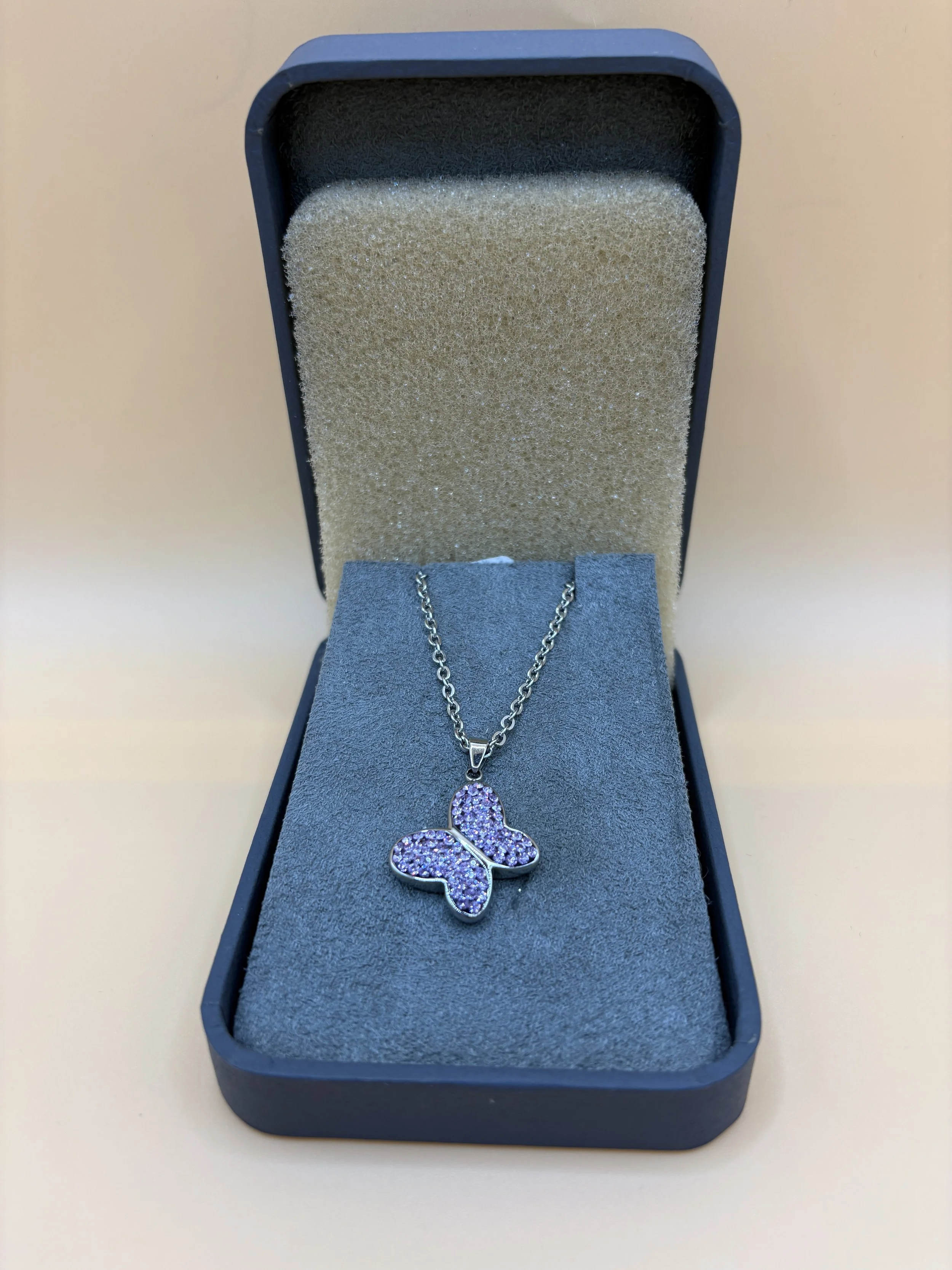 Stainless Steel Purple Crystal Polished Necklace