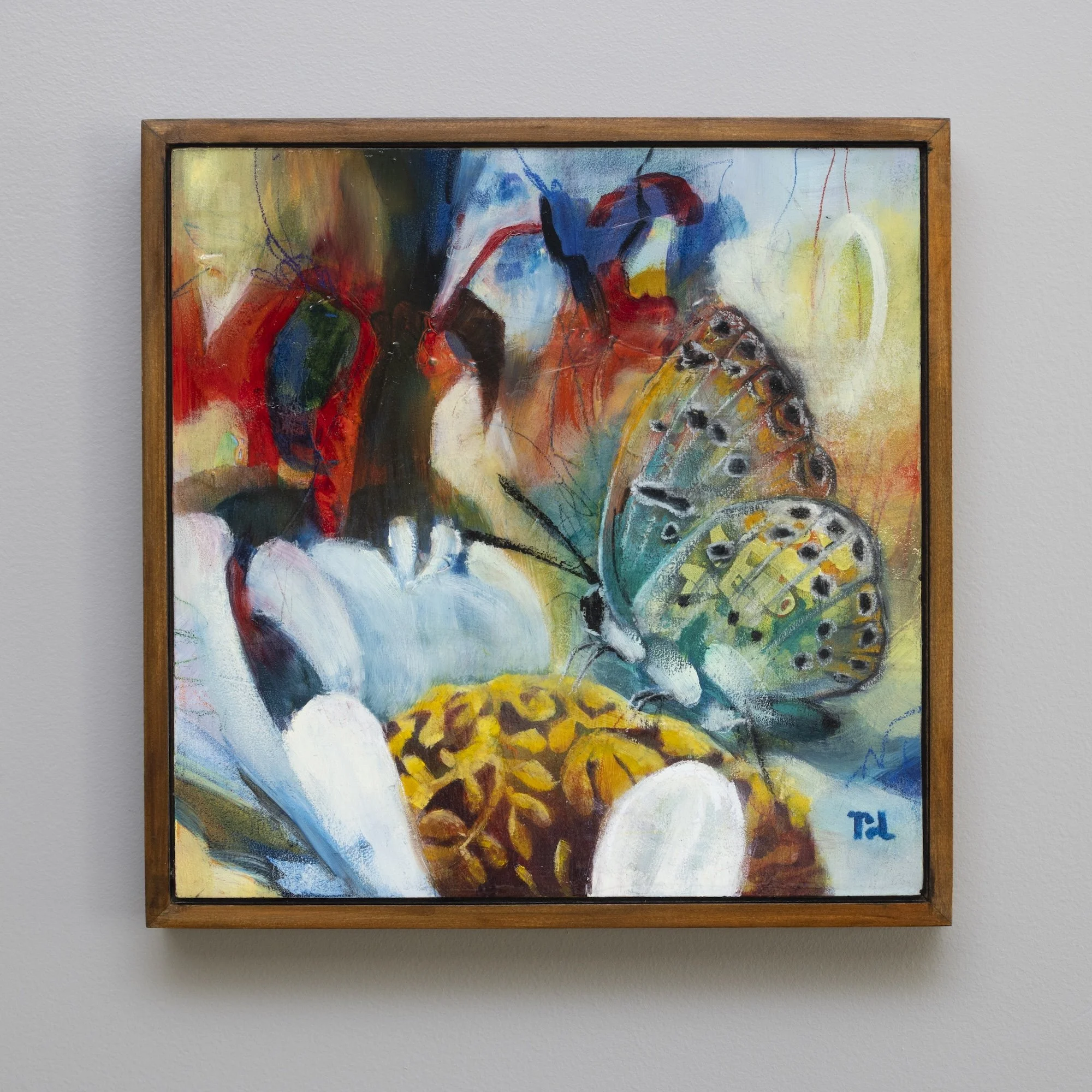 Chasing The Spark, 2024, Oil and Mixed Media on wood panel, 12.9x12.9 in (framed)