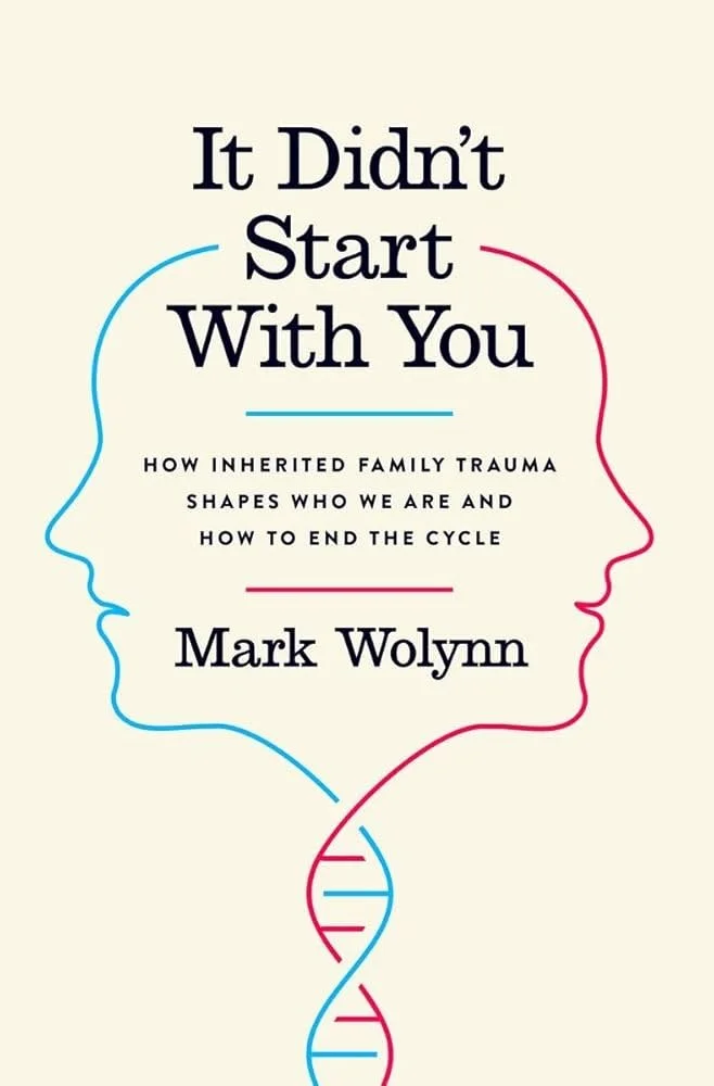Book cover titled 'It Didn't Start With You' by Mark Wolynn, featuring stylized blue and red outlines of human faces connected to a DNA helix.