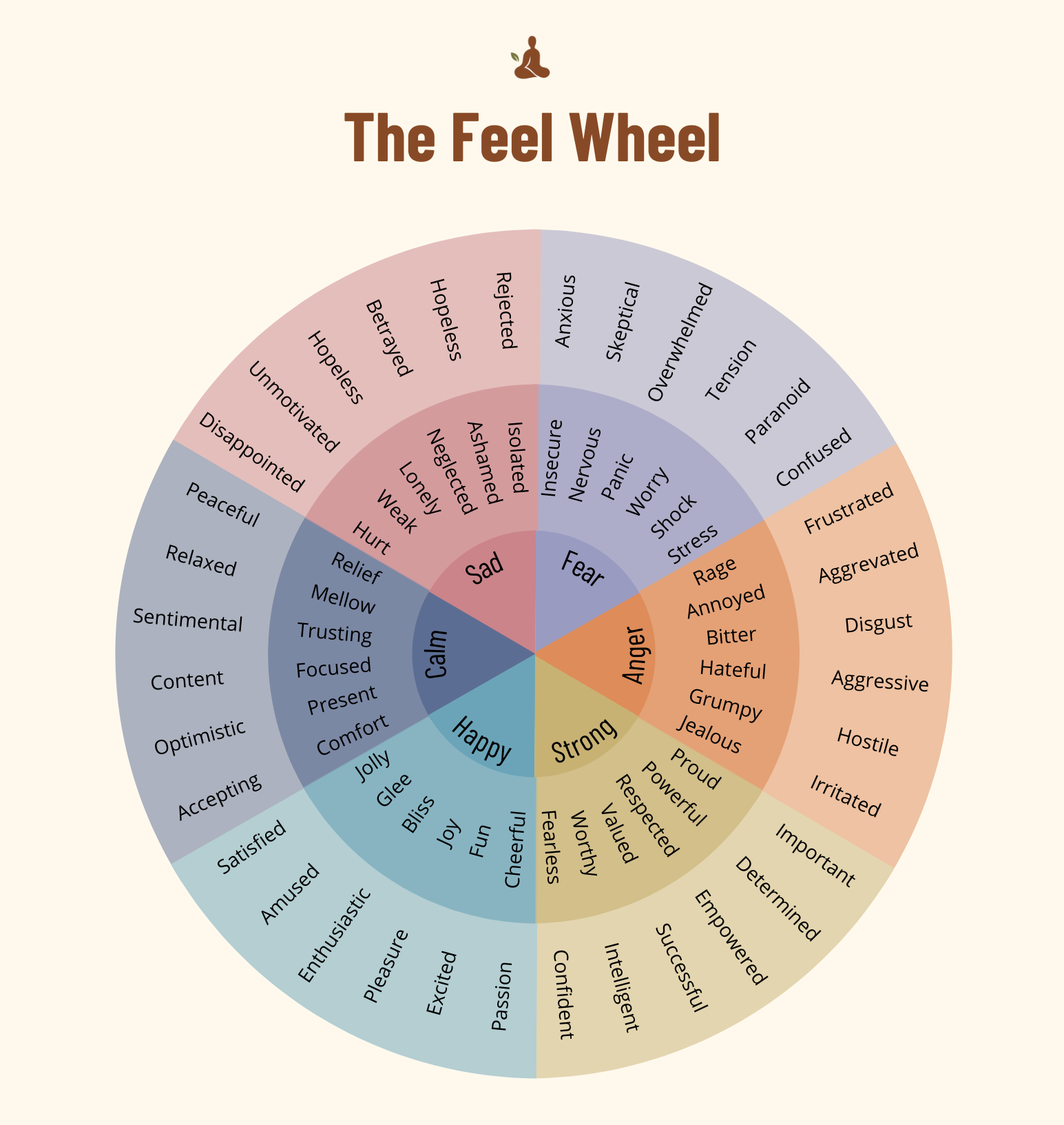 A circular chart titled "The Feel Wheel" with segments representing different emotions: Sad, Calm, Happy, Strong, and Fear, each subdivided into specific feelings like disappointed, peaceful, joyful, confident, etc.