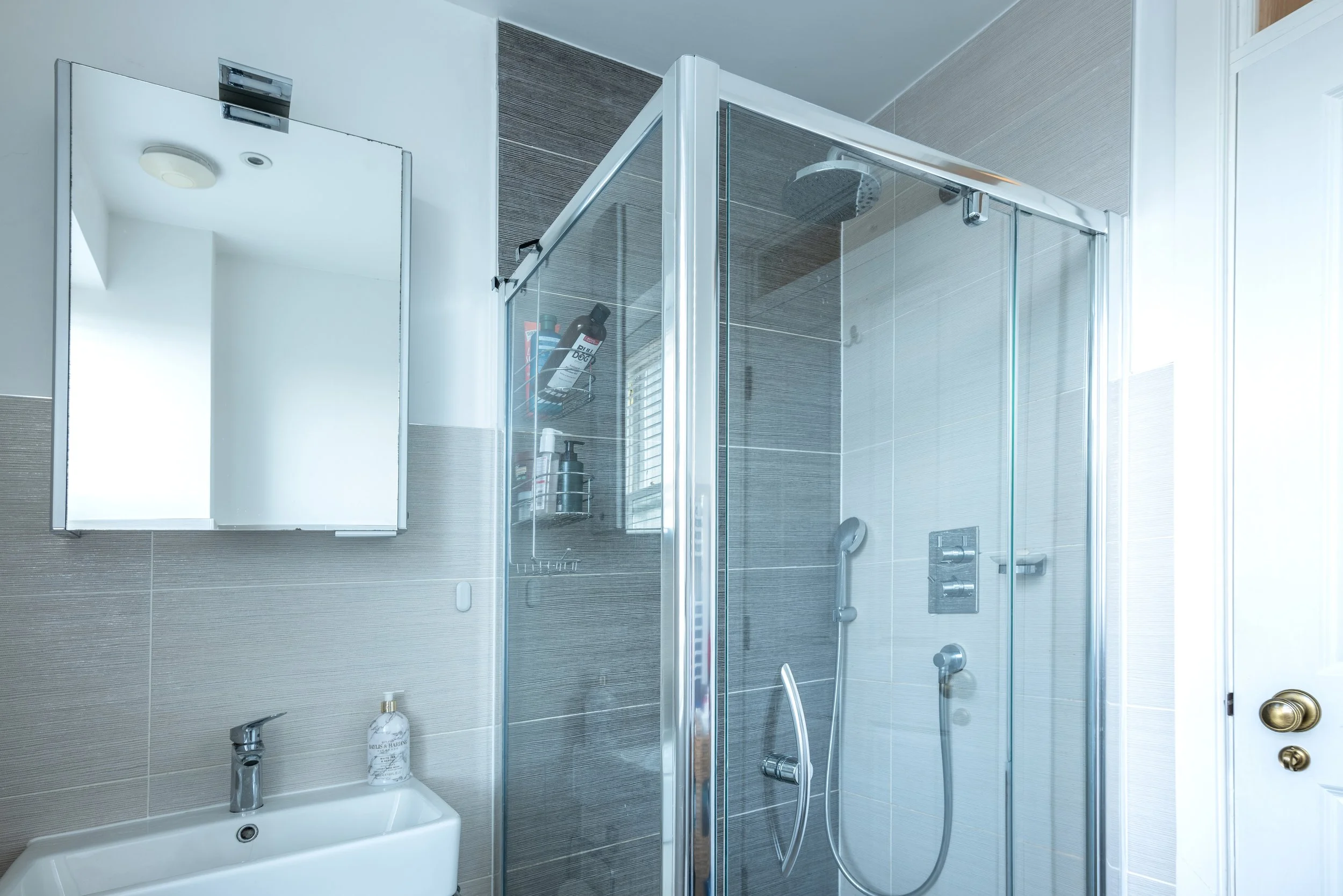 Bathroom with a glass shower enclosure, a white sink, a mirror, and toiletries on a shelf inside the shower.
