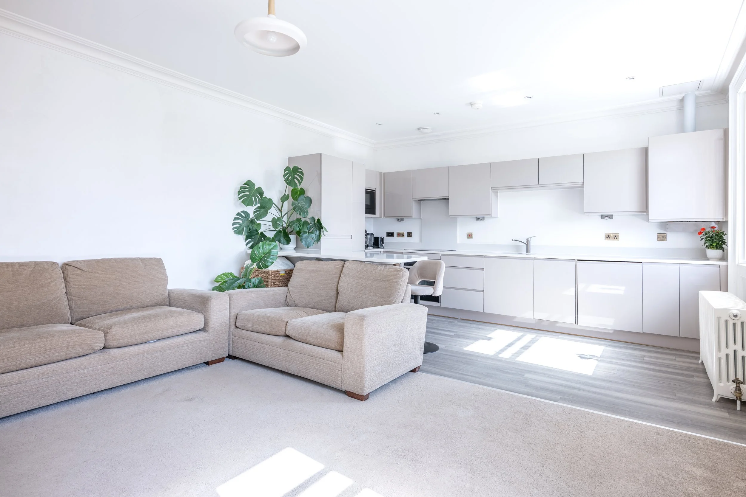 Living room with beige sectional sofa, green houseplants, and a white kitchen with gray cabinets and stainless steel appliances.