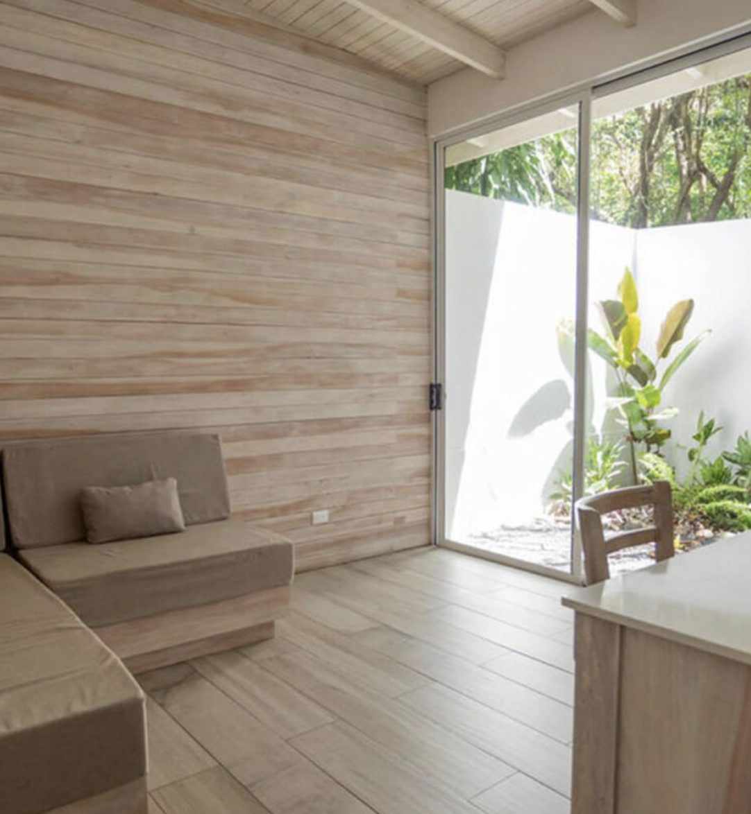 Minimalist living room with beige sofa, wood-paneled wall, and large sliding glass door leading to a small outdoor garden with plants.