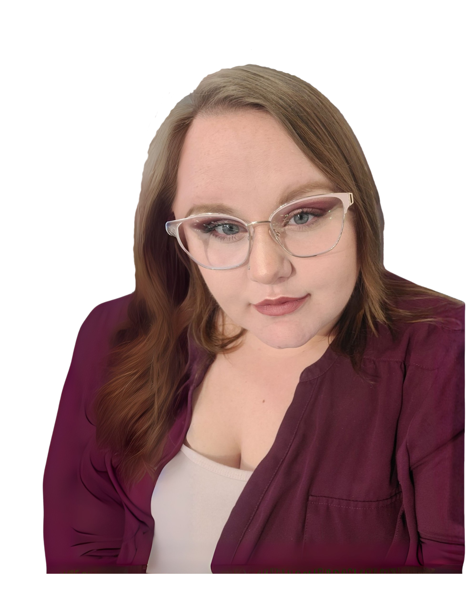 A woman with glasses and wavy reddish-brown hair, wearing a maroon blazer and a white top, looking downwards, standing near a beige brick wall with black background.