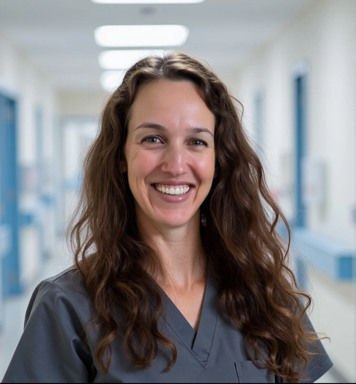 A smiling woman in gray medical scrubs standing in a bright hospital corridor.
