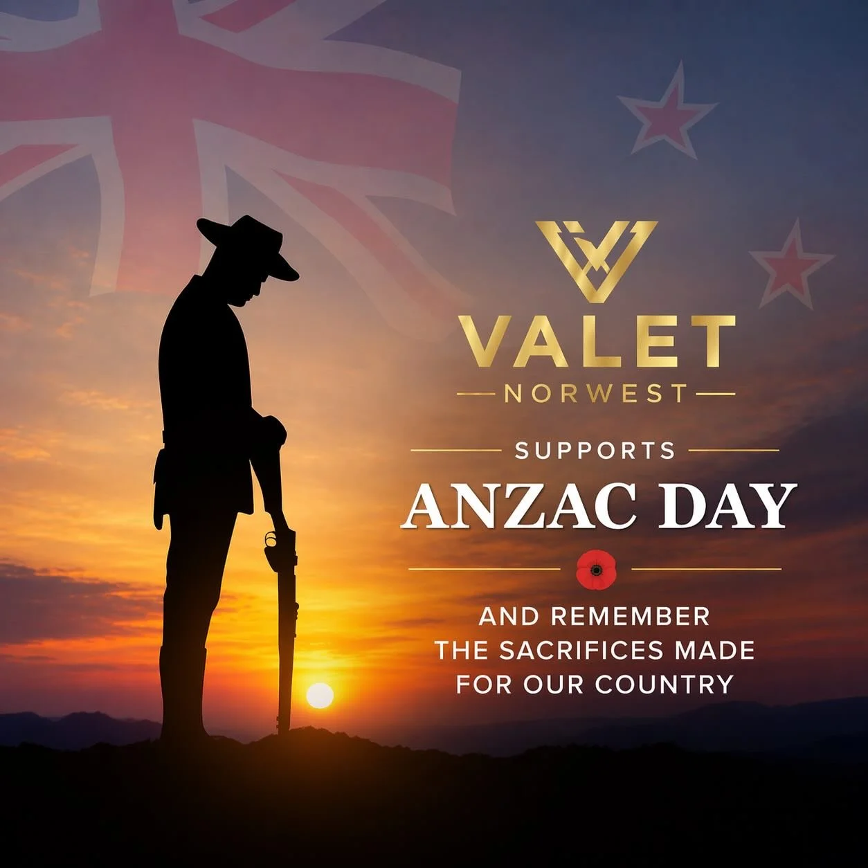 ANZAC DAY &ndash; LEST WE FORGET 🇦🇺

Today we pause to honour and remember the courage, sacrifice, and spirit of all the men and women who have served our country.

At Valet Norwest, we proudly support ANZAC Day and reflect on the freedoms we have 