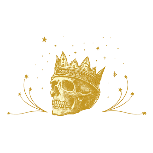 A golden skull wearing a crown, set against a black background.