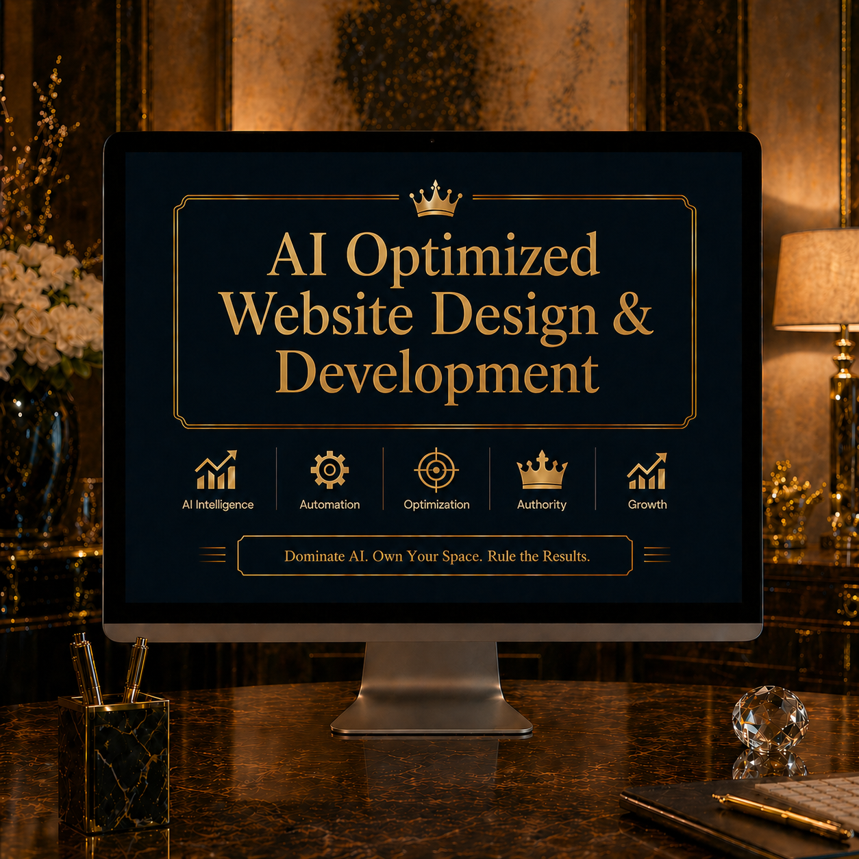 Computer screen displaying AI optimized website design and development services with icons for AI intelligence, automation, optimization, authority, and growth, on a luxurious dark wood desk with gold decor and a lamp in the background.