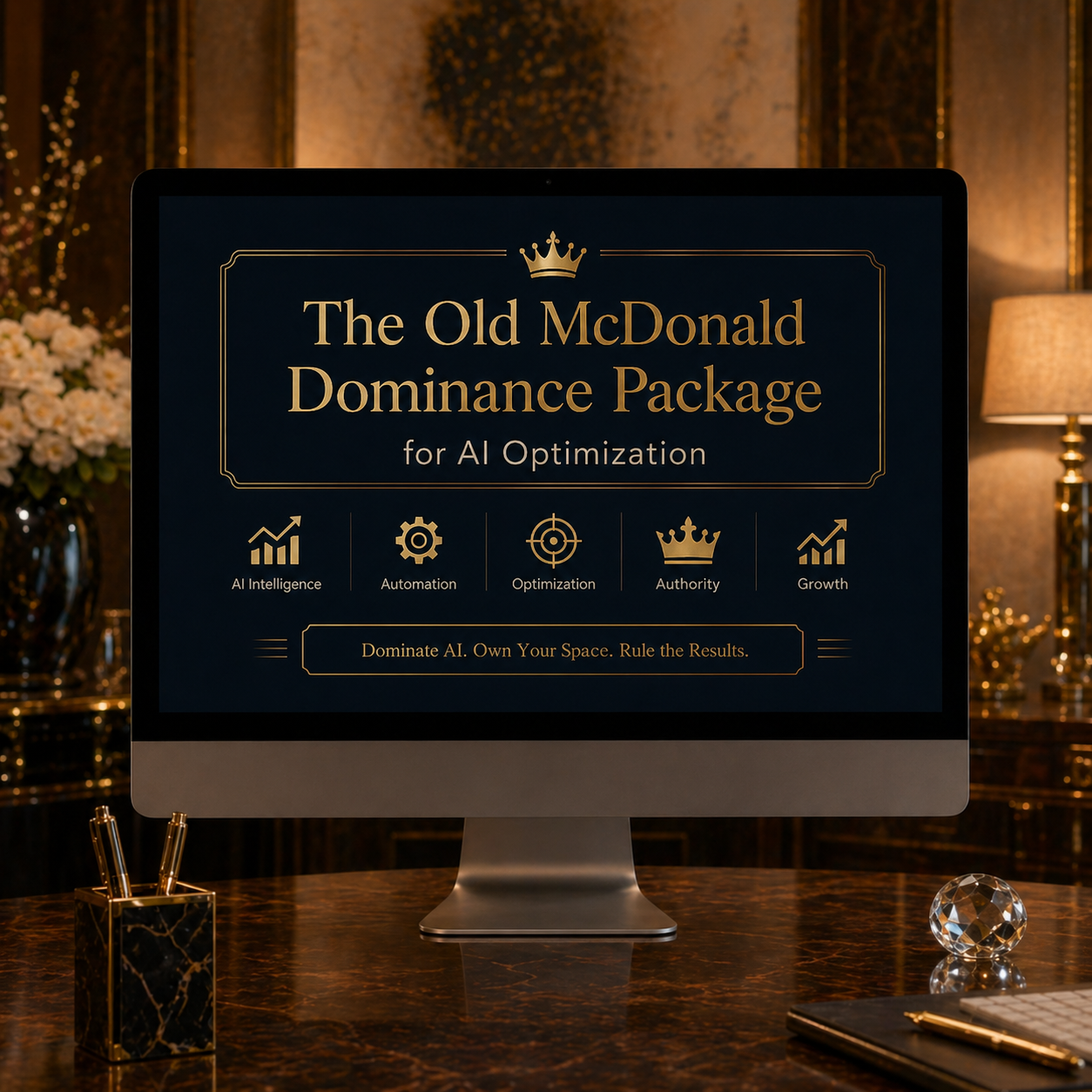 Computer screen displaying a presentation titled "The Old McDonald Dominance Package for AI Optimization" with icons representing AI intelligence, automation, optimization, authority, and growth. The background has warm lighting, flowers, and elegant decor.