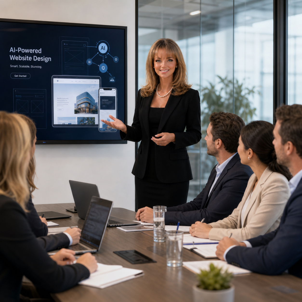 A woman in a black blazer giving a presentation on AI-powered website design to four colleagues in a conference room. The woman is gesturing towards a large screen displaying a website design and mobile app graphics.