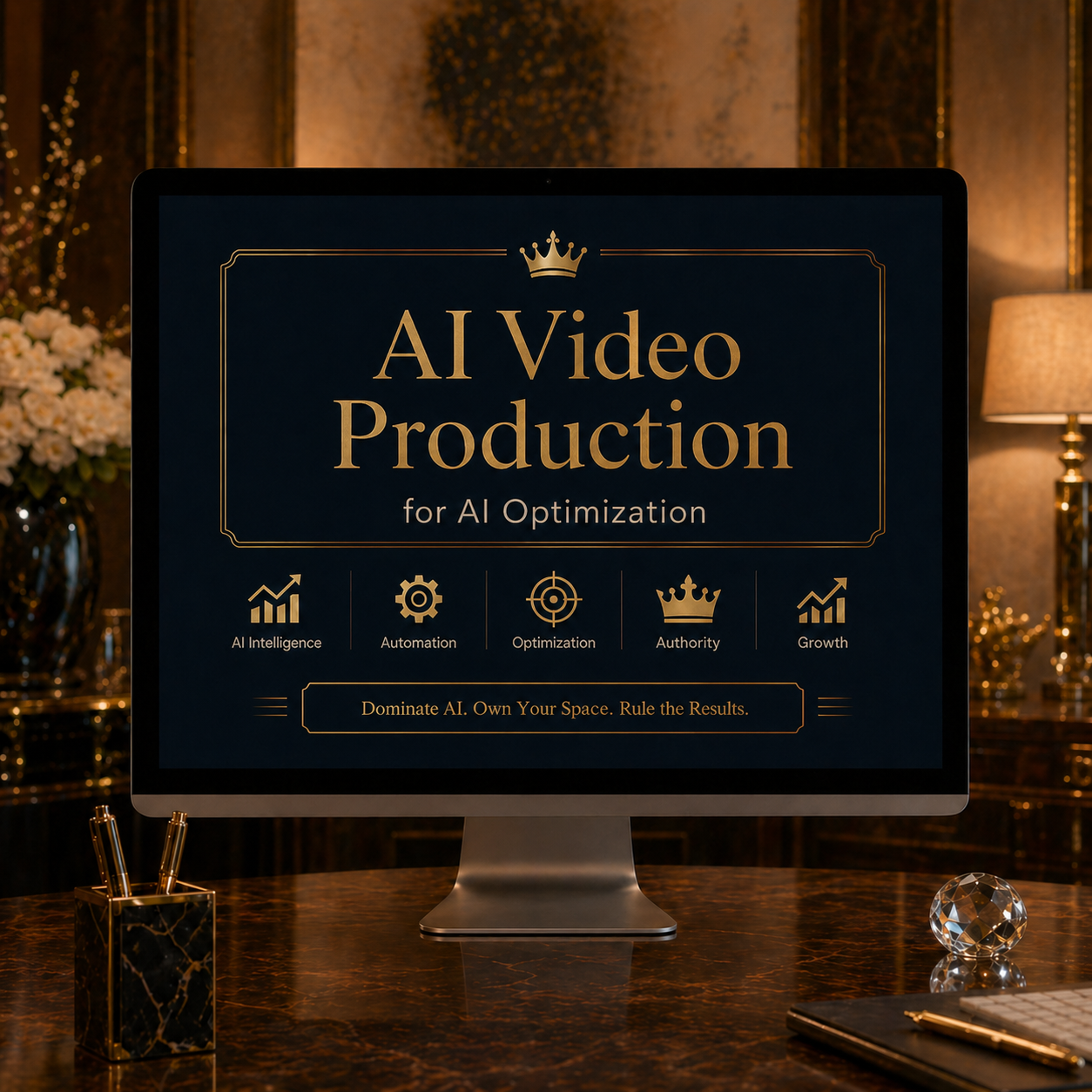 Computer monitor displaying a presentation titled 'AI Video Production for AI Optimization' with icons for AI Intelligence, Automation, Optimization, Authority, and Growth, on a luxurious wooden desk with a vase of flowers, a decorative paperweight, pens, and a closed notebook in an elegant room.