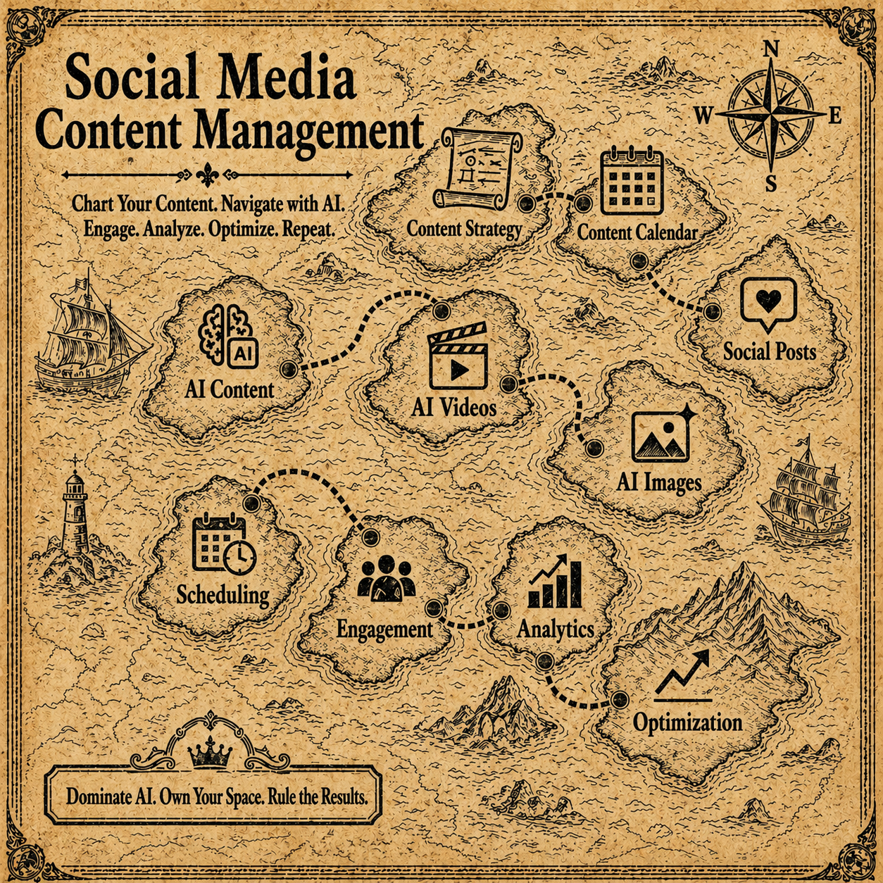 A vintage map-themed infographic titled 'Social Media Content Management' showing a journey through steps like Content Strategy, Content Calendar, Social Posts, AI Images, AI Videos, AI Content, Scheduling, Engagement, Analytics, and Optimization, with icons and a decorative compass and ships.