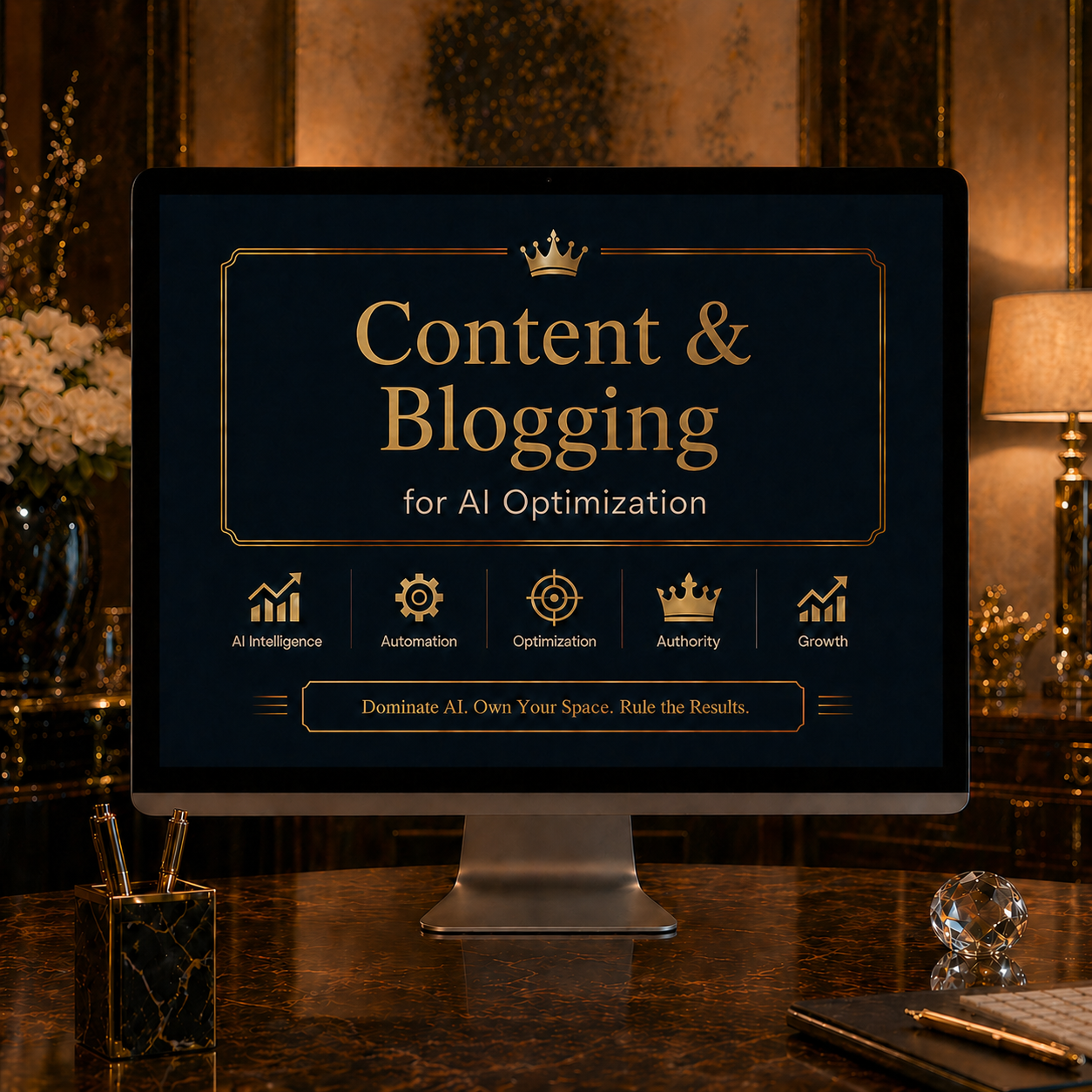 Computer screen displaying a slide titled 'Content & Blogging for AI Optimization' with icons for AI intelligence, automation, optimization, authority, and growth, set in a luxurious room with a marble desk, decorative lamp, and flower arrangement.
